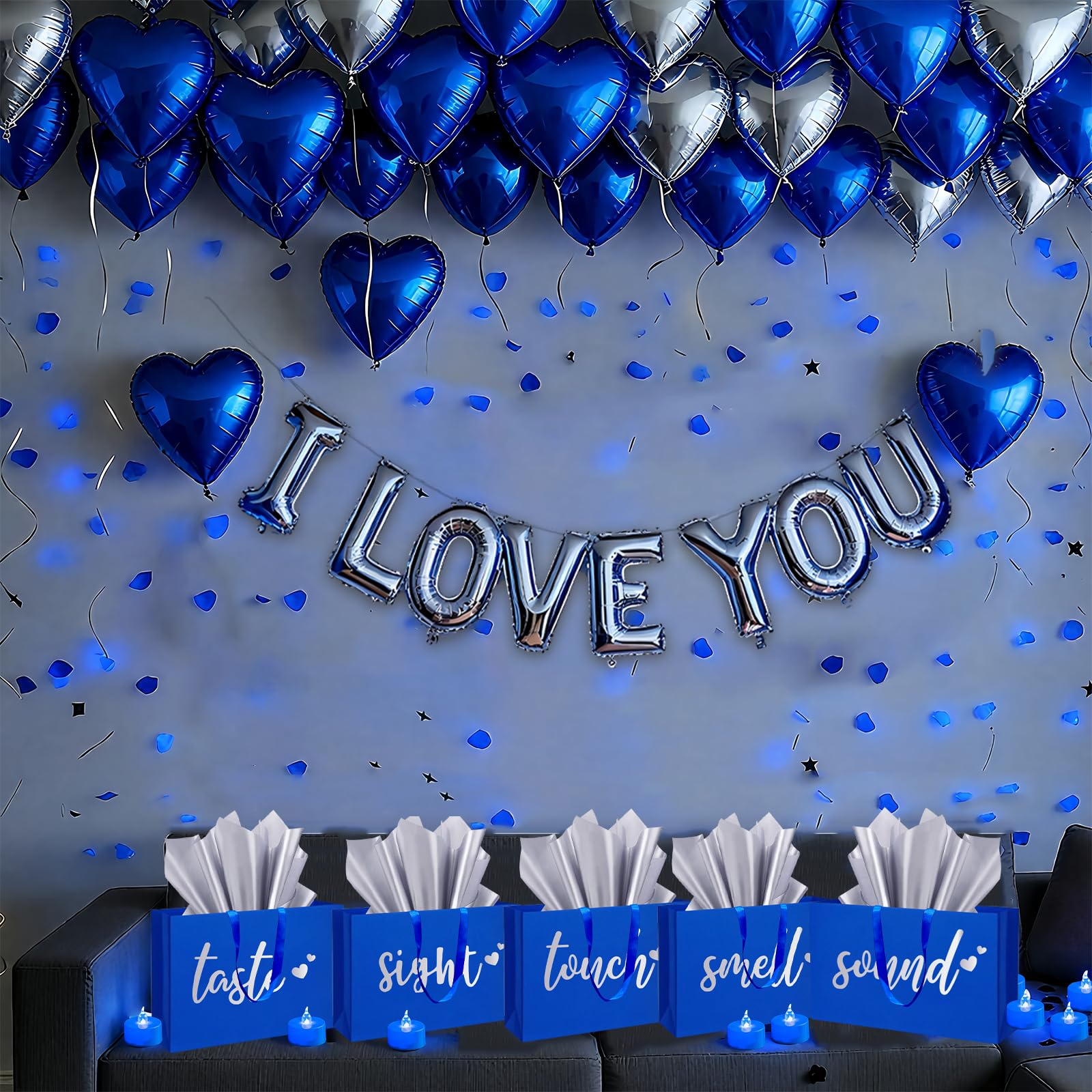 5 Senses Gift Bags Five Senses Gift Bags with Tissue Paper, Rose Petals, Balloons LED Tea Lights Party Decorations for Him Husband Boyfriend (Blue silver)