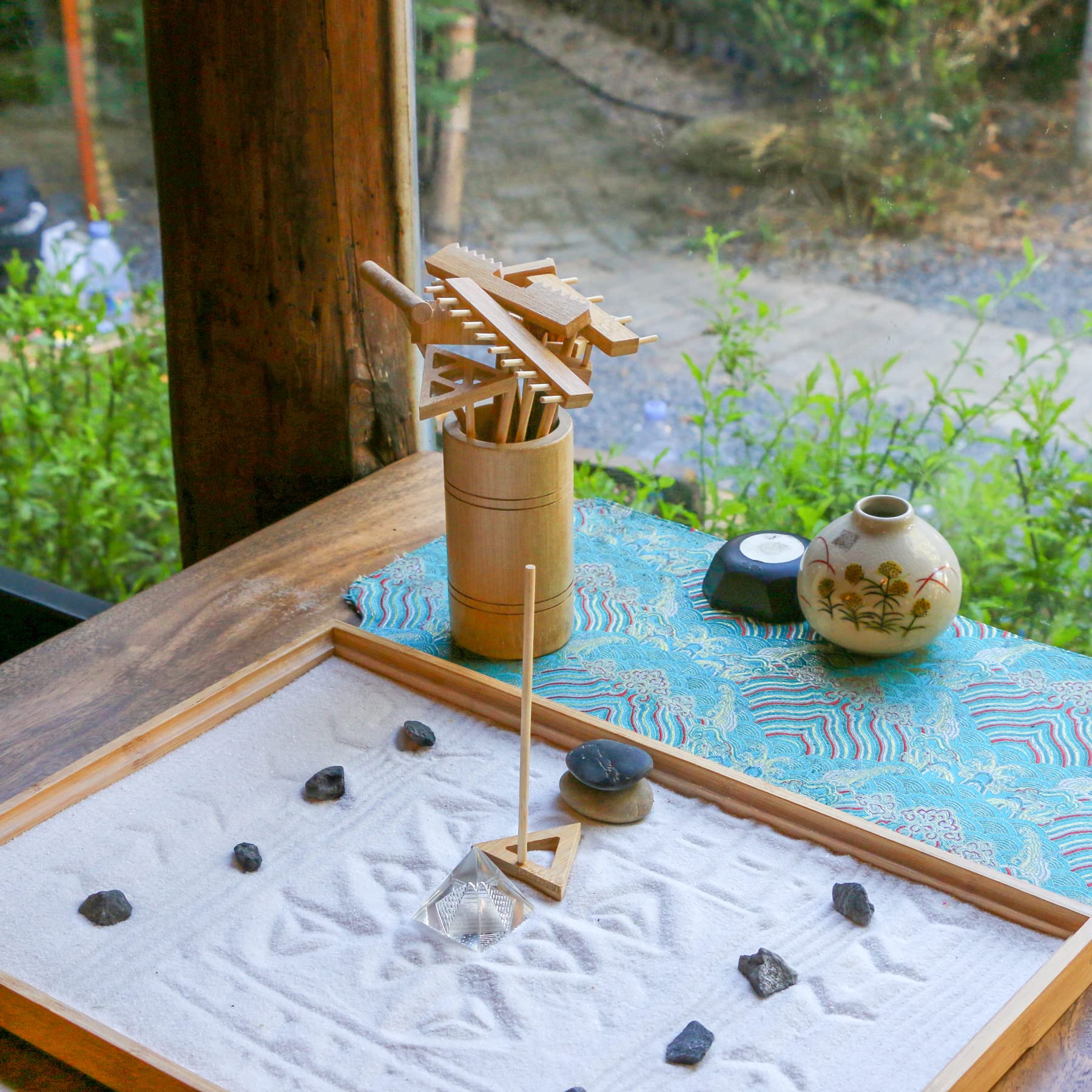 Zen Garden Rake Tool Kit - Miniature Tabletop Japanese Rock Sand Zen Garden Accessories Mini Bamboo Sand Stamp Rakes for Zen Pattern with Holder Crystal Pyramid Meditation Stress Relief Zen Gifts