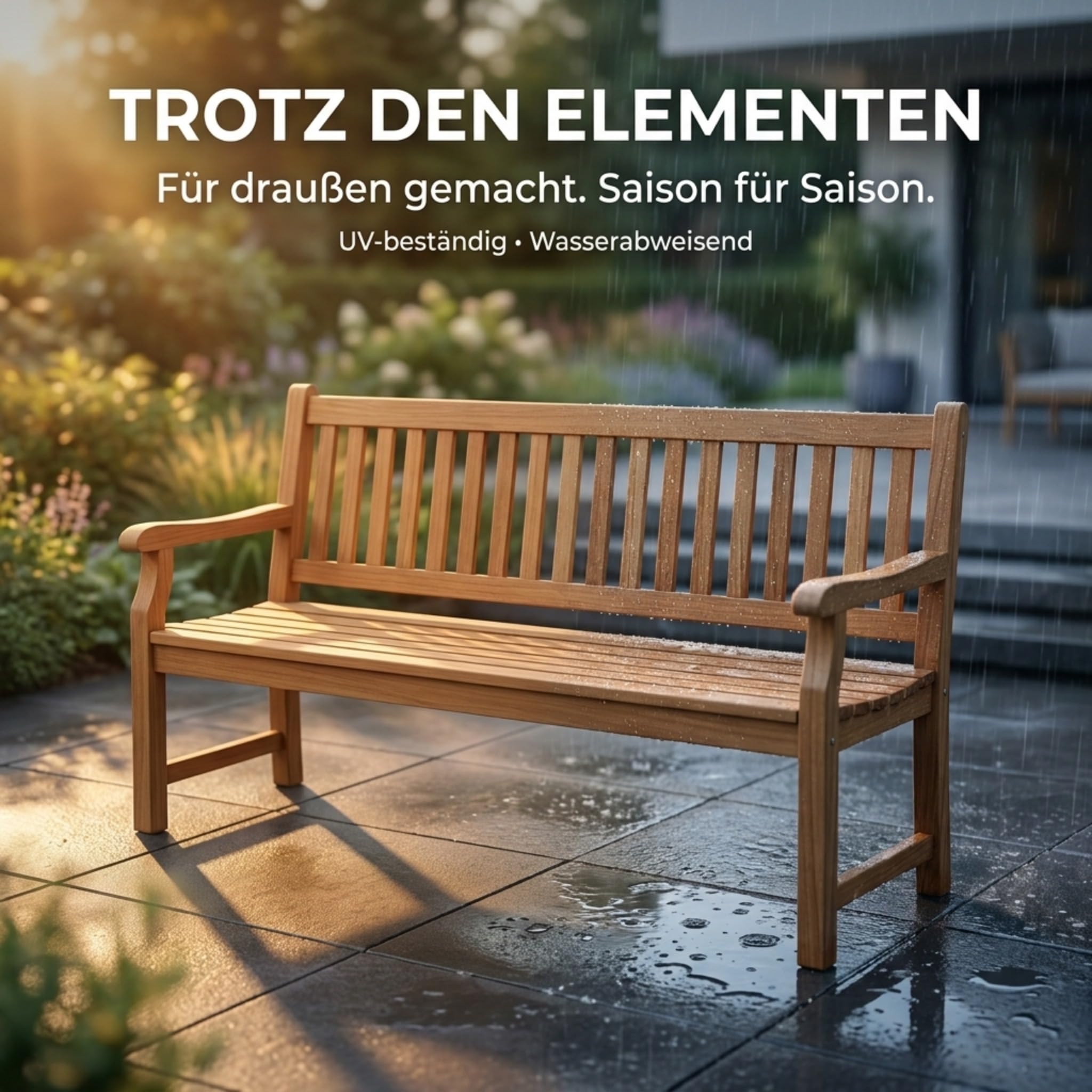 SAM Premium Gartenbank Kingsbury 3-Sitzer 150 cm, Gartenbank aus Teakholz massiv mit ergonomischer Sitzfläche und Armlehnen, wetterfeste Holzbank für Garten Terrasse Balkon, Sitzbank lackiert