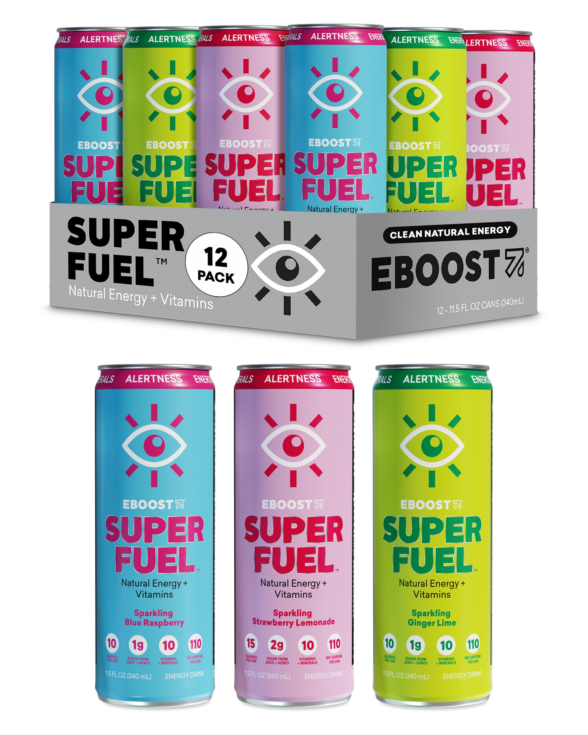 EBOOST Super Fuel Healthy Energy Drink - Caffeine from Natural & Clean Ingredients For Focus and Productivity -Taurine Free Pre-Workout With Electrolytes, Nootropic & Vitamins - Variety Pack, 12 Pack