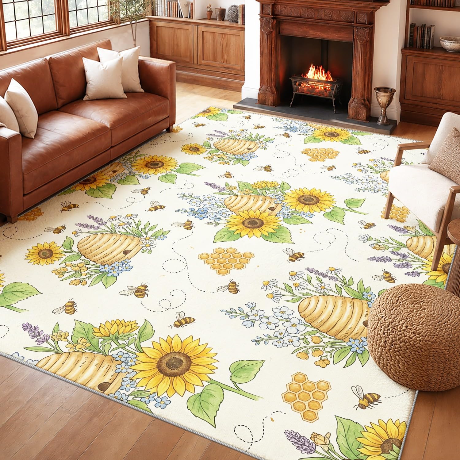 Generisch Waschbarer Wohnzimmerteppich, Landhaus Biene Niedriger Flor rutschfest Teppich, Landhaus Biene Sonnenblume Teppiche für Wohnzimmer Schlafzimmer Kinderzimer 80 x 120 cm Beige