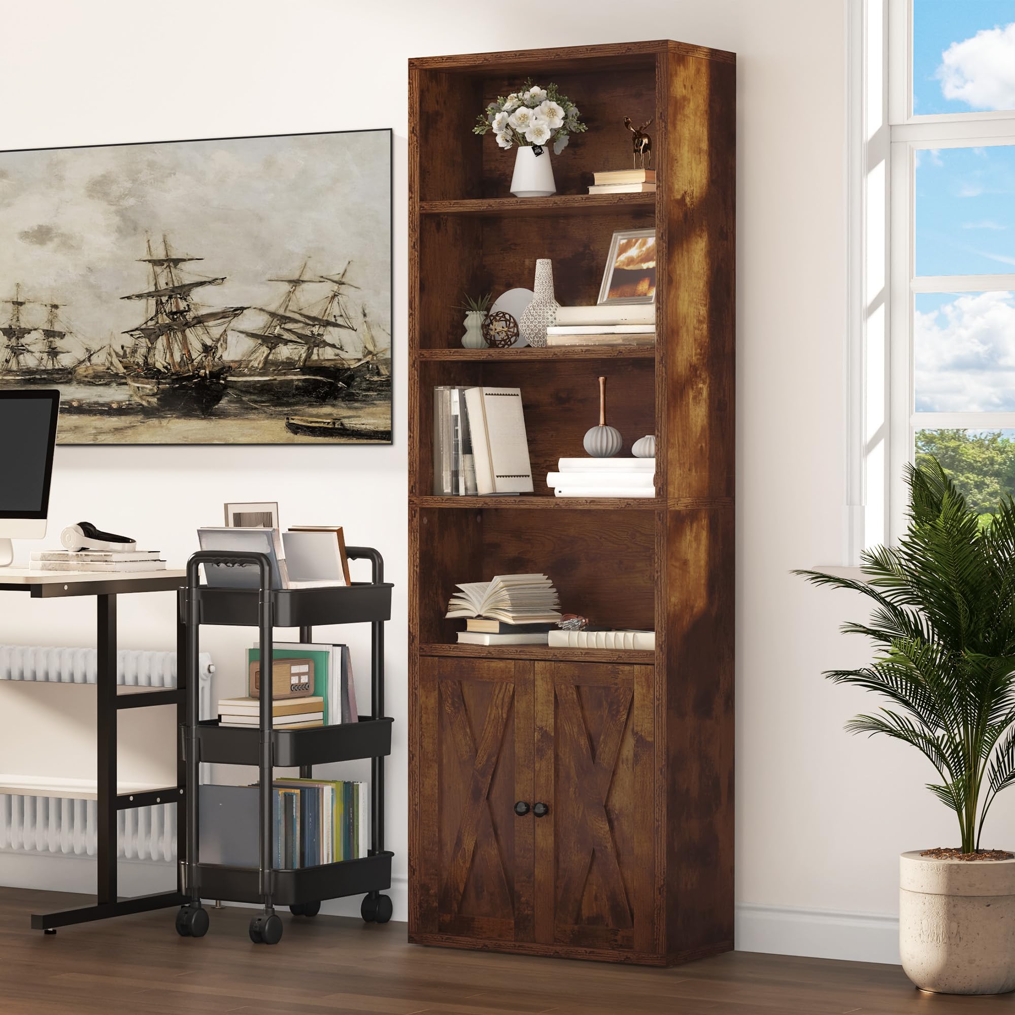 Industriële Boekenkast met 4 Planken en 4 S-Haken - Vintage Bruin-Zwart