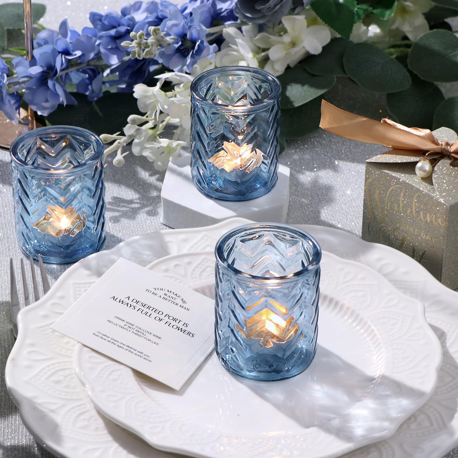 Lamorgift Set di 12 portacandele votivi rotondi trasparenti in vetro, per decorazioni da tavola, feste e matrimoni