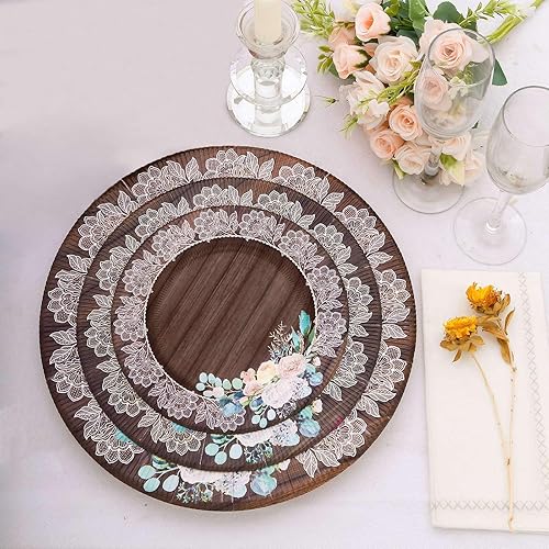 Miniatura 9 de Efavormart - Paquete de 25 platos llanos de papel con estampado de madera rústica marrón de 10 pulgadas con borde de encaje floral, platos redondos