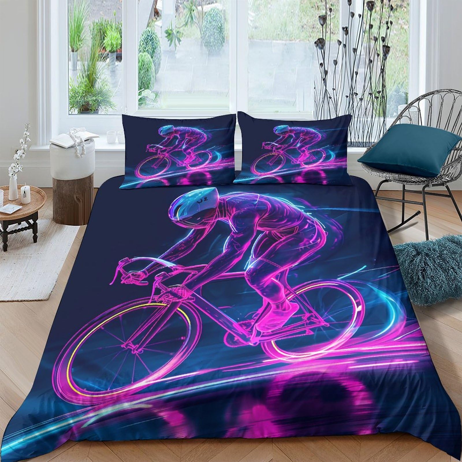 Ctjqhvkz Style-2 3D Printed Neon Cycling Fitted Sheet Microfiber Soft Breathable Bike Rider Bed Cover For Bedroom Dorm Decor Single（135X200cm）