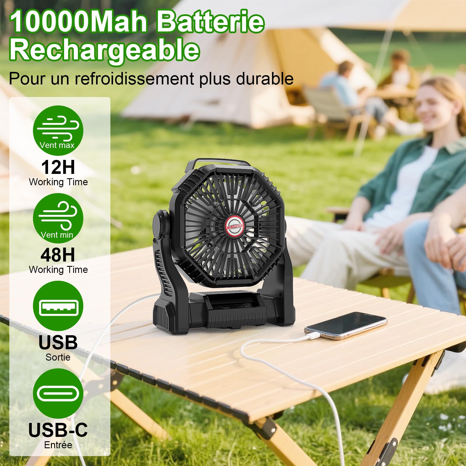 Ventilateur de Camping, Ventilateur Portable Rechargeable 10000mAh 4 Vitesses, Ventilateur USB Silencieux avec Lumière LED, pour Maison Camping