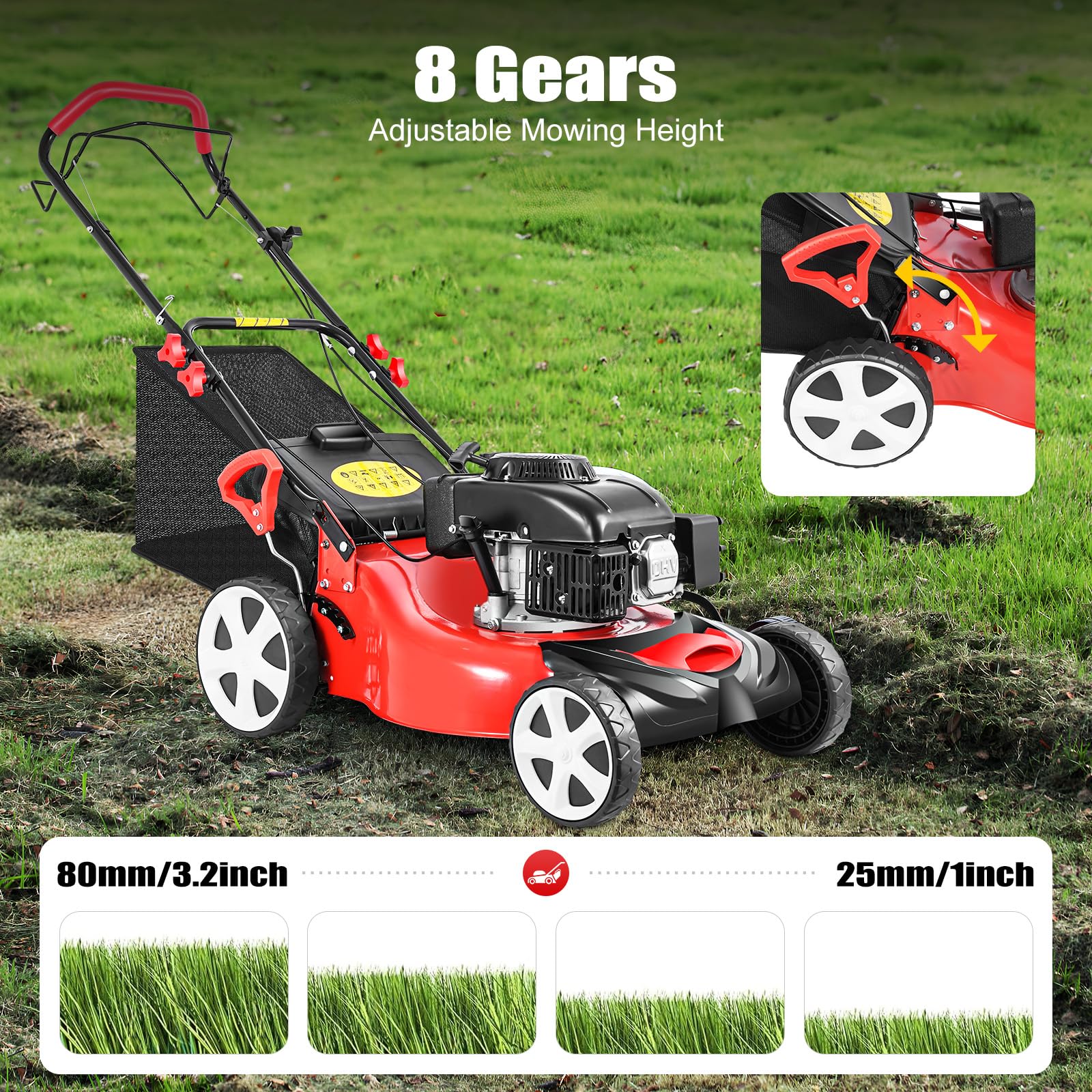 Cortacésped de gasolina, tracción a ruedas, función de mantillo, potente motor de 5 CV con 140 cc, ancho de corte de 51 cm, cesta de 60 l, cortadora de gasolina, mulcher