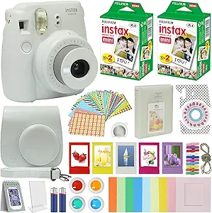 Fujifilm Instax Mini 9 Instant Camera Smokey White with Carrying Case + Fuji Instax Film Value Pack (40 Sheets) Accessories Bundle, Color Filters, Photo Album, Assorted Frames, Selfie Lens + More