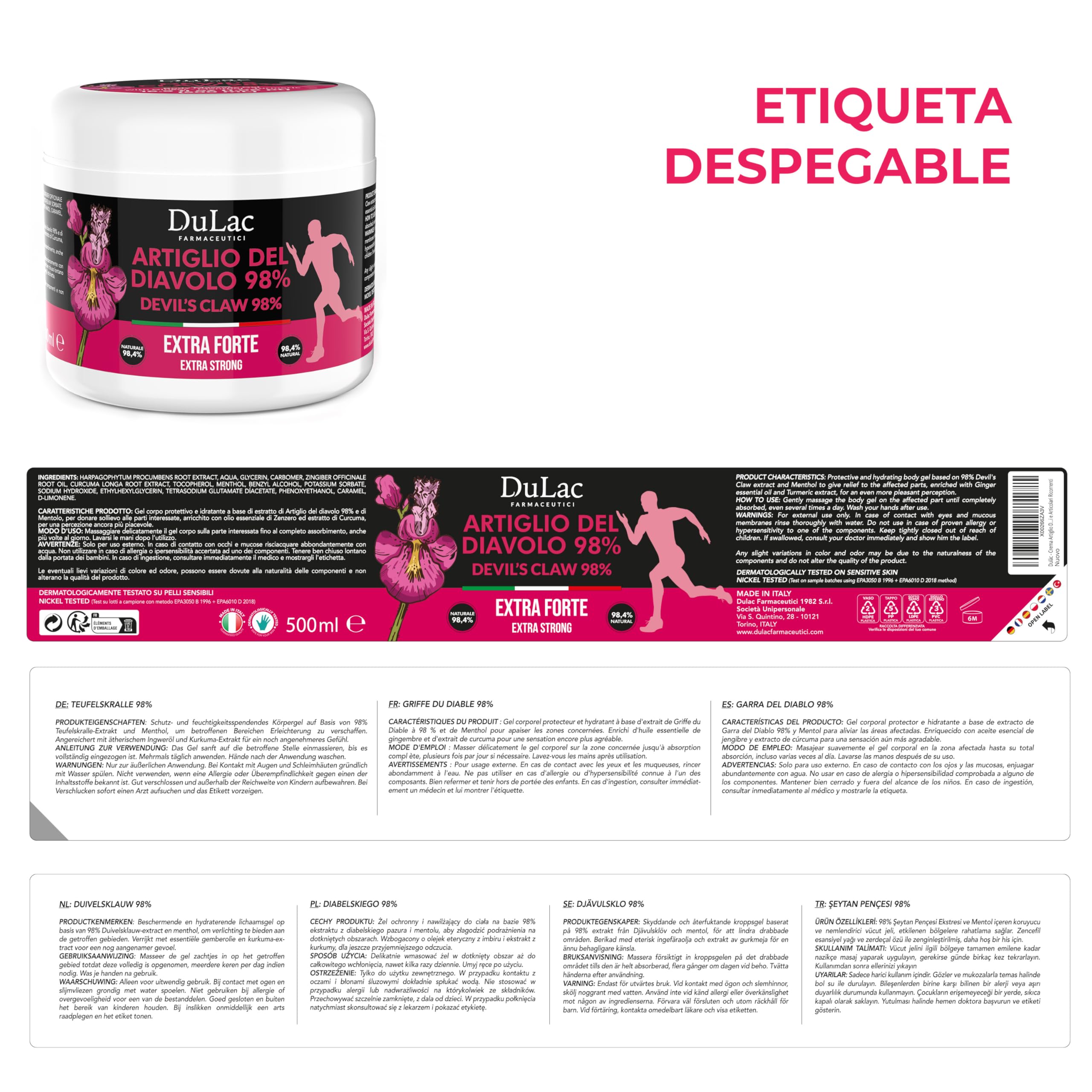 DuLàc, Garra del Diablo 98% 500 ml, Crema Gel con Jengibre, Mentol y Cúrcuma, para Masajes a Músculos y Articulaciones, Testado Dermatológicamente y sin Níquel, Made in Italy