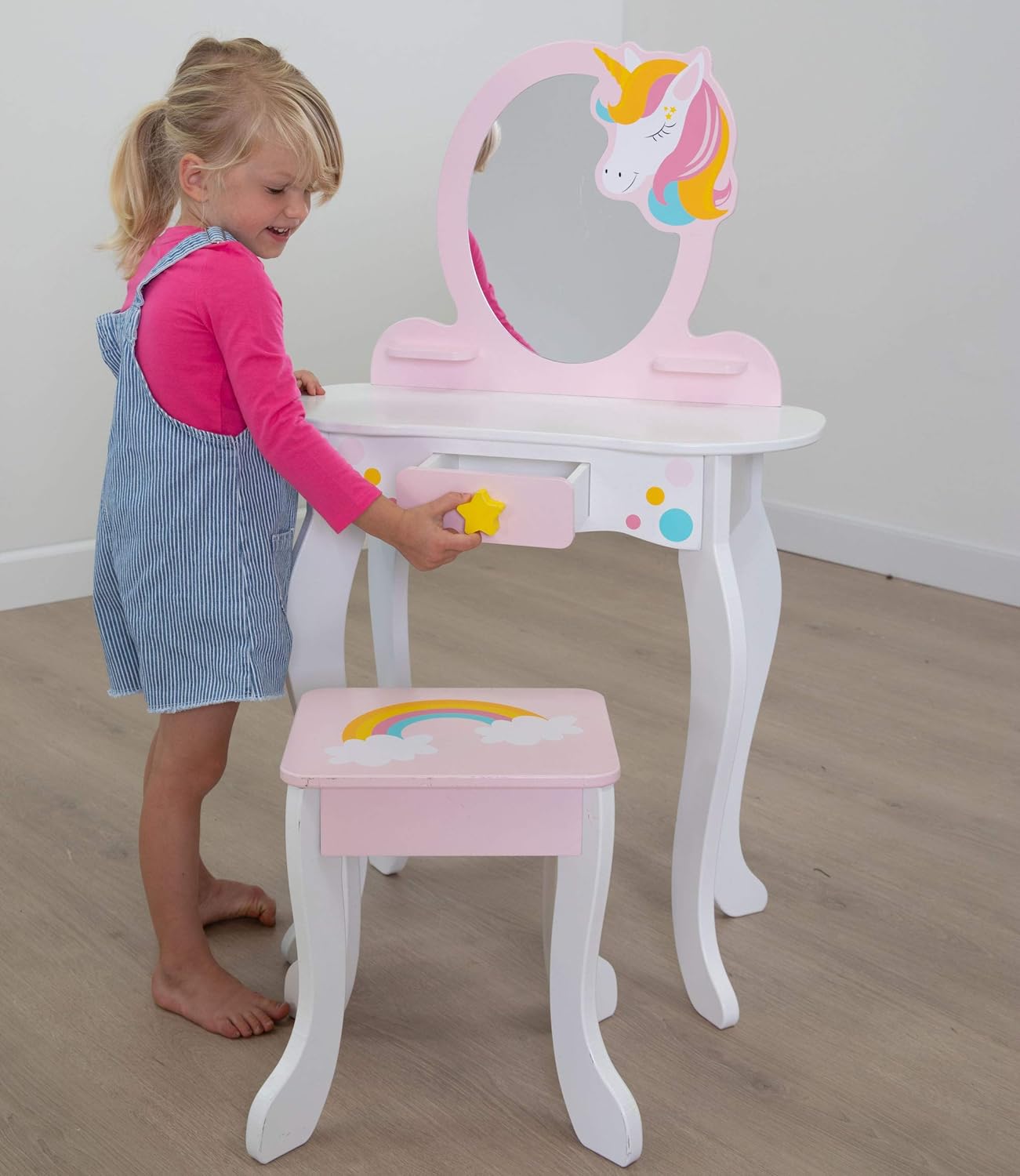 Fat Brain Toys Unicorn Magic Vanity with Mirror and Stool - Wooden Playset, 3+