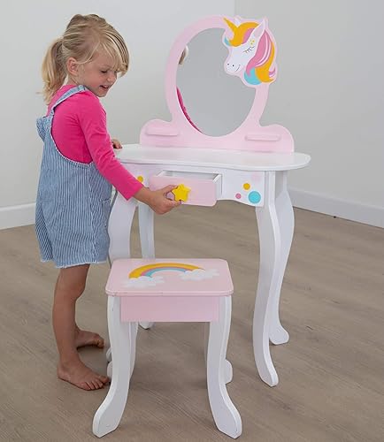 Miniatura 5 de Fat Brain Toys Unicorn Magic Vanity con espejo y taburete, juego de madera, 3+