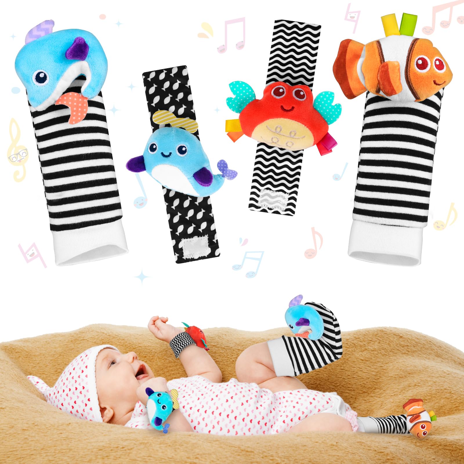 Baby Sensory Toys 0-6 MonthsBaby Wrist and Ankle Rattles Foot Finder Rattle Sock Wrist Rattle,Baby Essentials for Newborn Infant Toy Socks 0 3 6 9 12 Months Grils Boys Baby Gift