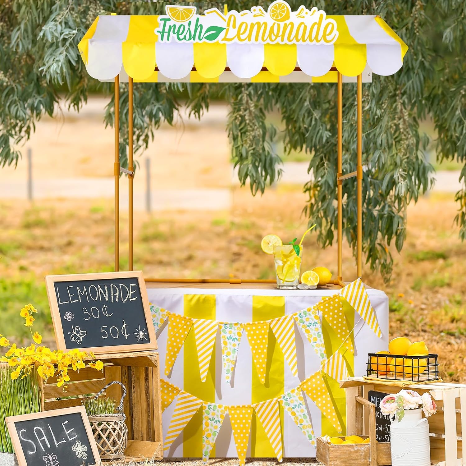 Tioncy 6 Pcs Fresh Lemonade Stand Kits Hut Decor Include Shelf, Banner, Roof, Pennant, Table Skirt for Photo Props Outdoor Lemon Themed Party Decor