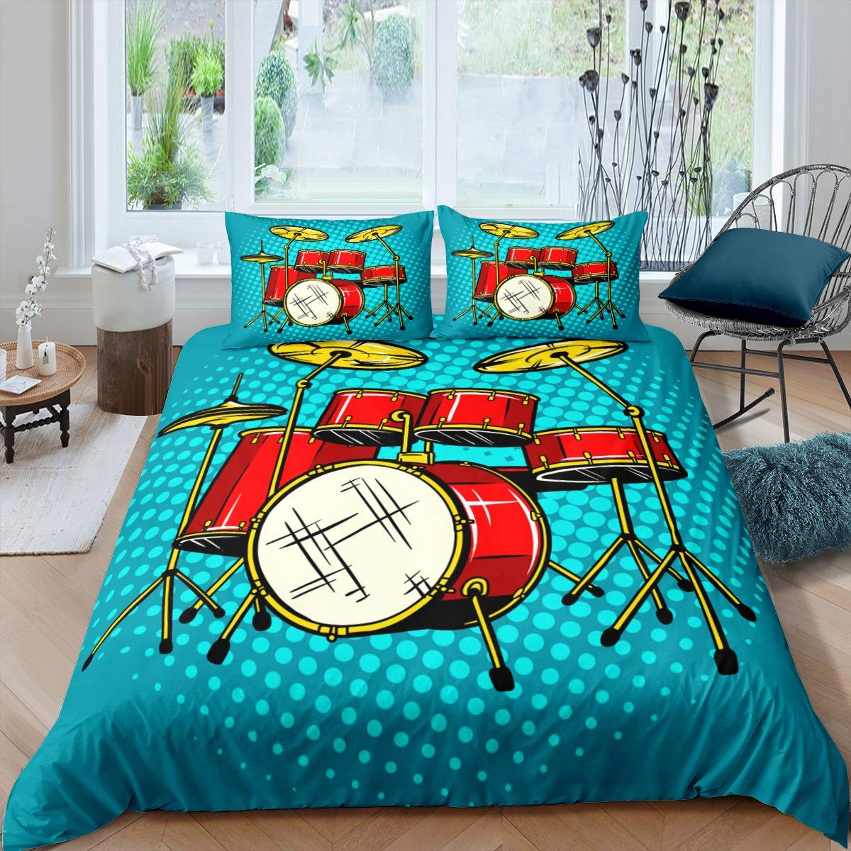 Loussiesd Boys Multi 2 Drum Kit Duvet Cover Rock Music Themed Bedding Set Colorful Musical Pattern Comforter Cover For Kids Teens Room Decor Cartoon Instruments Print Bedspread Cover Single Size With 1 Pillow Case