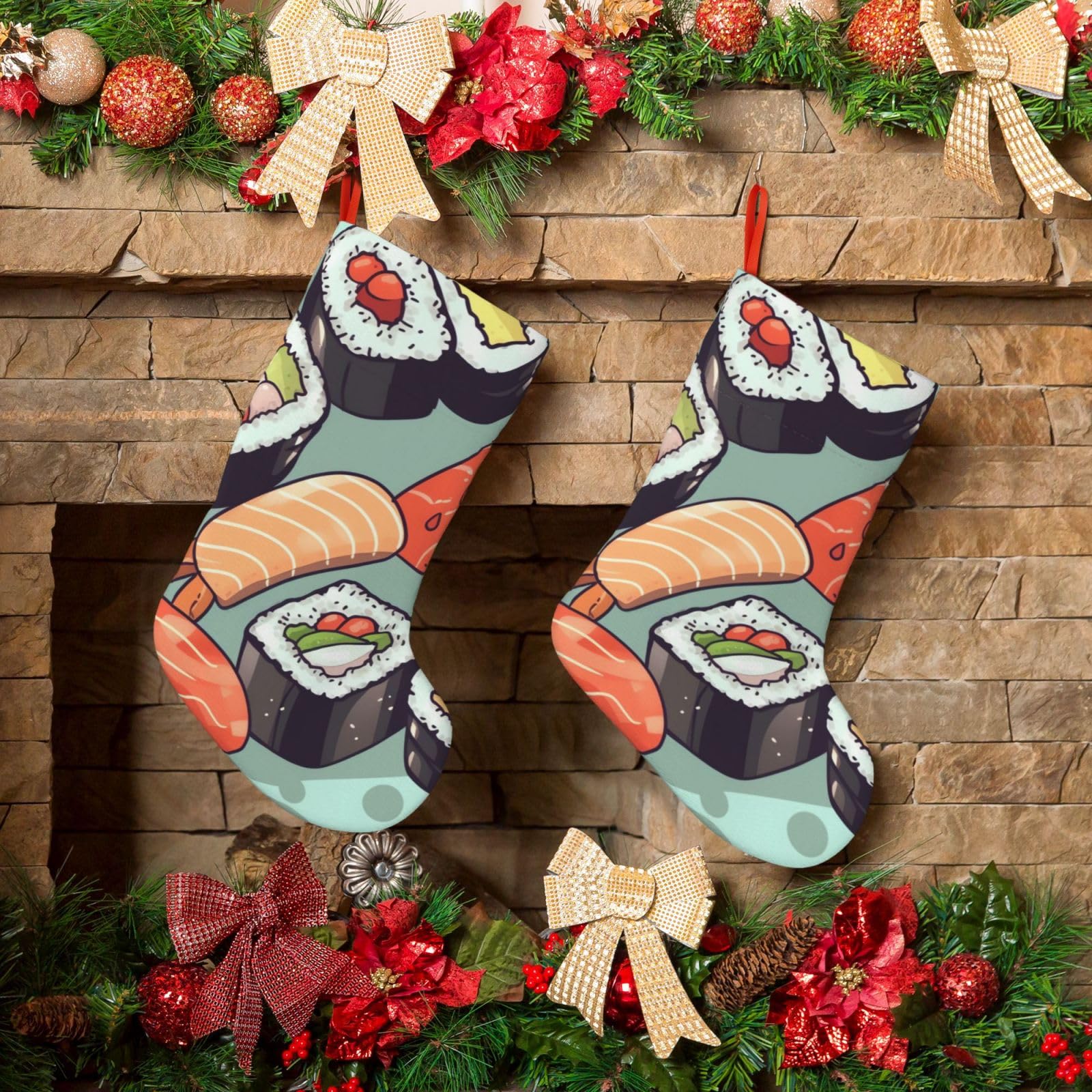 Fodpand Boys Black Sushi Christmas Stockings Hanging Ornaments For Holiday Decor, 18 Inches Velvet Fireplace Hanging Xmas Stocking, Candy Gift Bags For Christmas Decorations