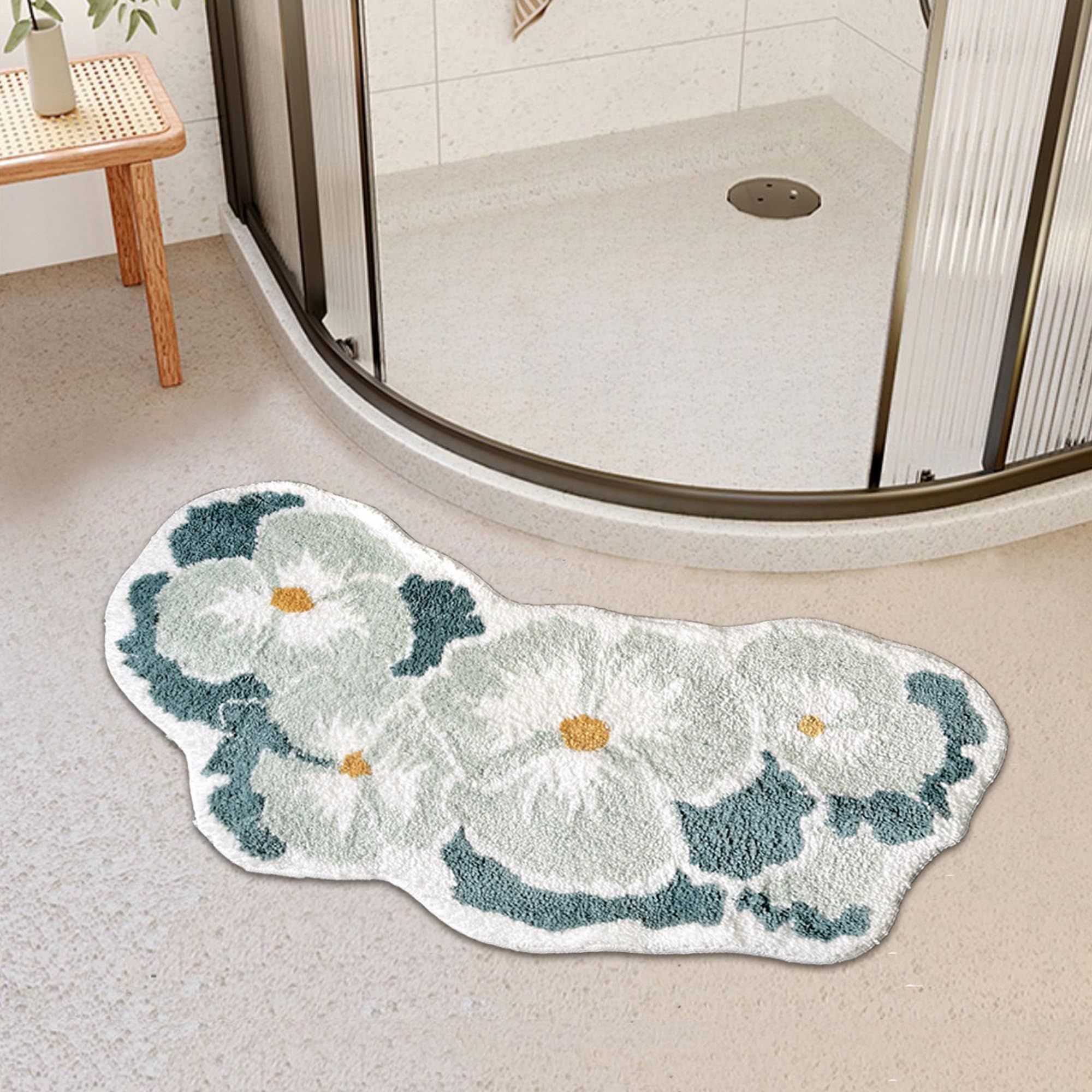 THRILRUG 40''x19'' Green Flower Shaped Curved Bath Rug,Non-Slip Corner Shower Mats Water Absorbent Bathroom Mat,Cute Floral Bathtub Rug Kitchen Plush