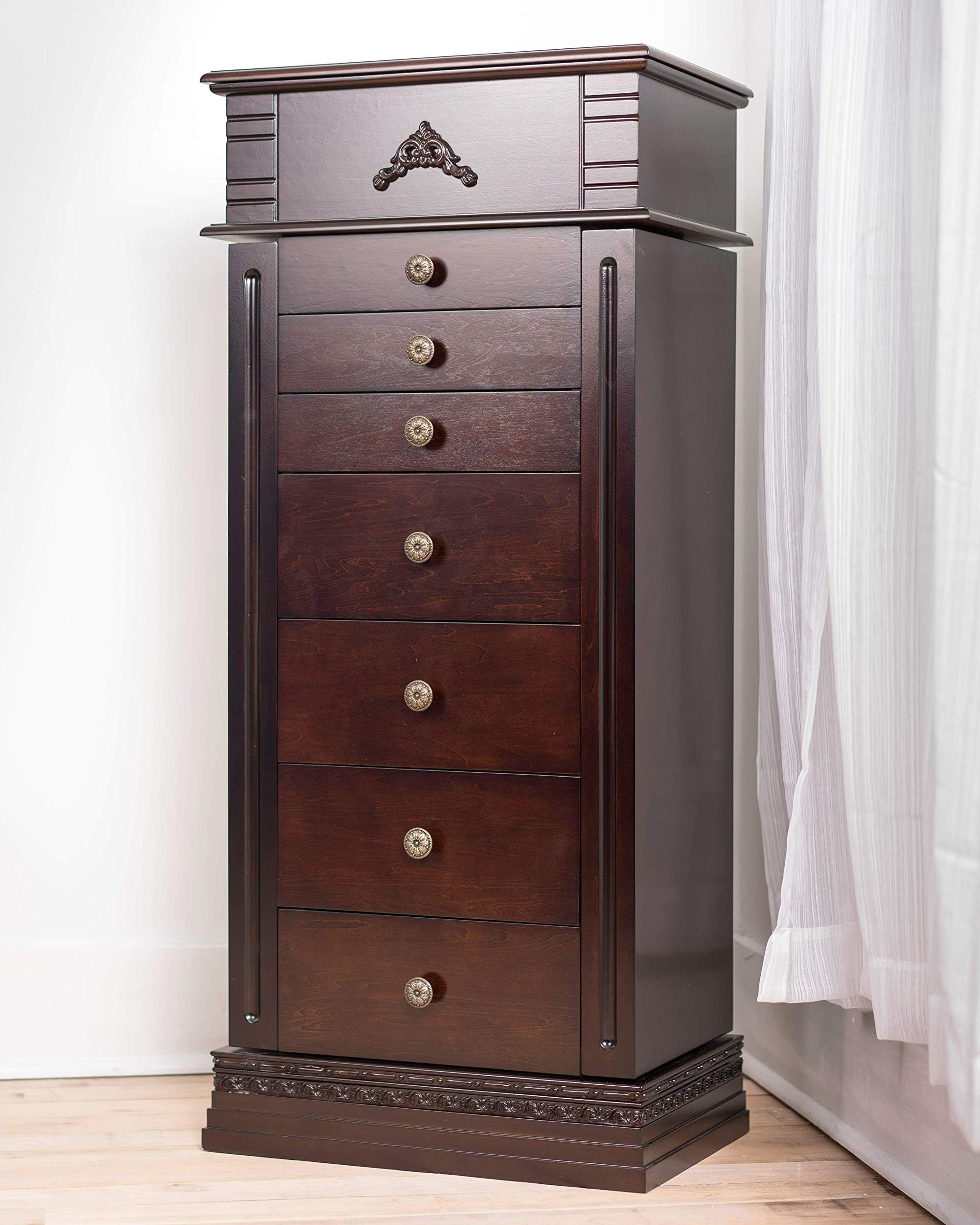 Hives and Honey Stella Jewelry Armoire - Elegant Walnut Finish, 7 Drawers, 24 Necklace Hooks | Storage Organizer