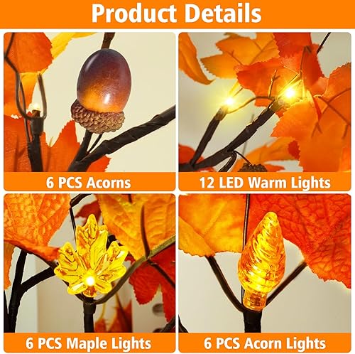 Miniatura 4 de Paquete de 2 y temporizador Árbol de arce artificial iluminado de otoño de 24 pulgadas con 24 luces LED, funciona con pilas, árbol de arce de mesa