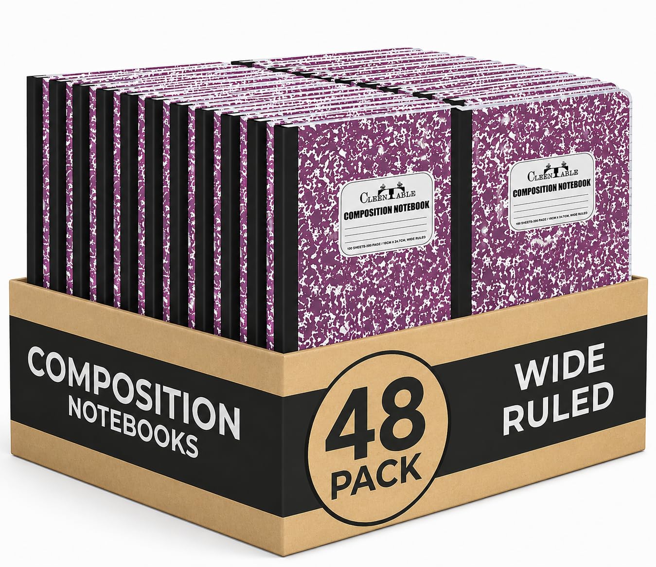 CLEENTABLE Lot de 48 carnets de composition en papier ligné pour l'école, carnet de notes scolaire, 24,5 x 18,5 cm, 100 feuilles, 200 pages avec couverture marbrée (violet)