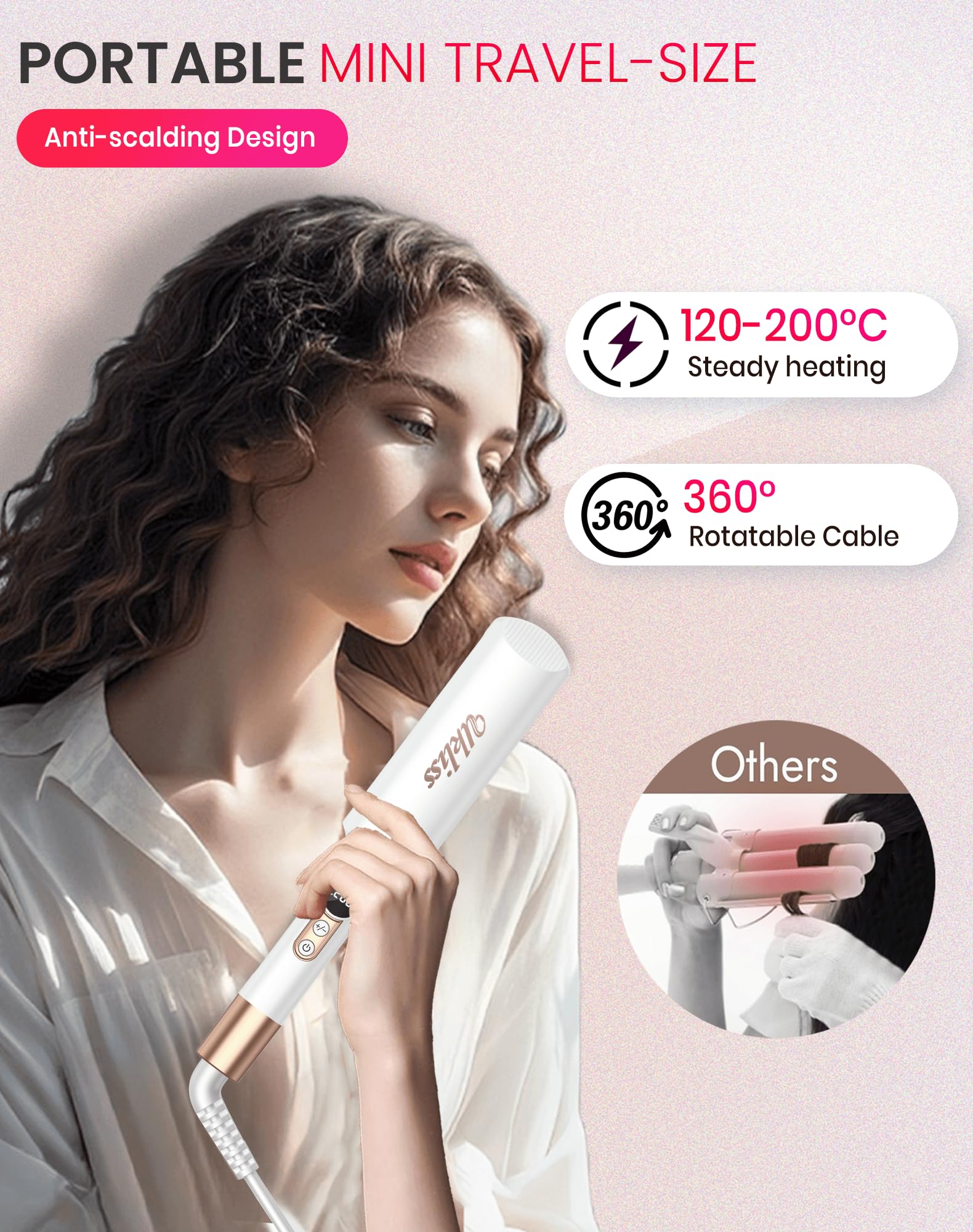 UKLISS Plancha Ondulada Pro Mini Para El Cabello Con 2 Adaptadores de Viaje, Pantalla LCD [120-210℃], Rizador de Ondas de Playa, Rizador de Pelo de Sirena Para Ondulaciones de Pelo, Rizador de Ondas