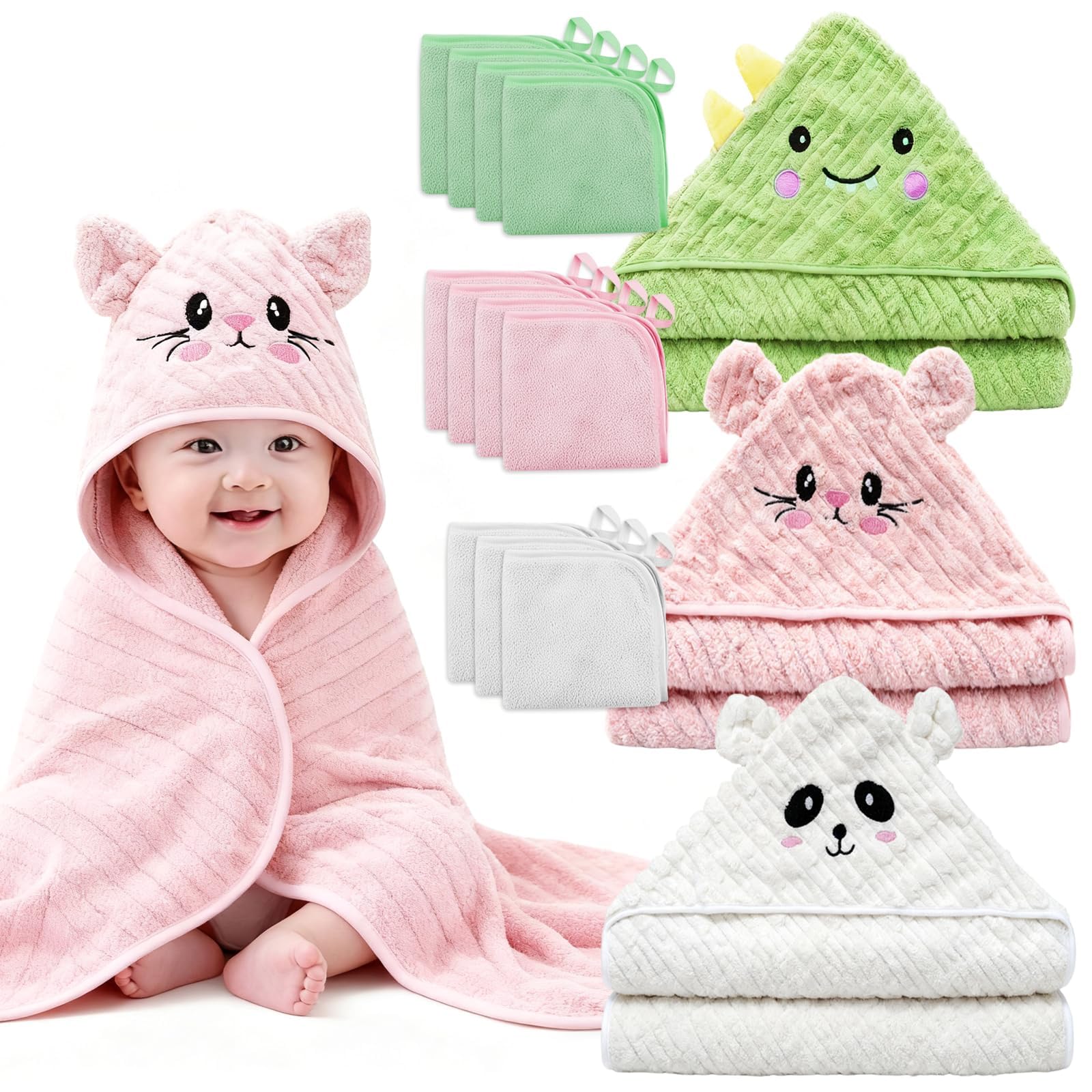 14 PCS Thicken Baby Towels Set, 3 PCS Soft Hooded Baby Towels & 11 PCS Washcloths, Baby Bath Towels for Newborns, Infants & Toddlers, Ultra Absorbent,