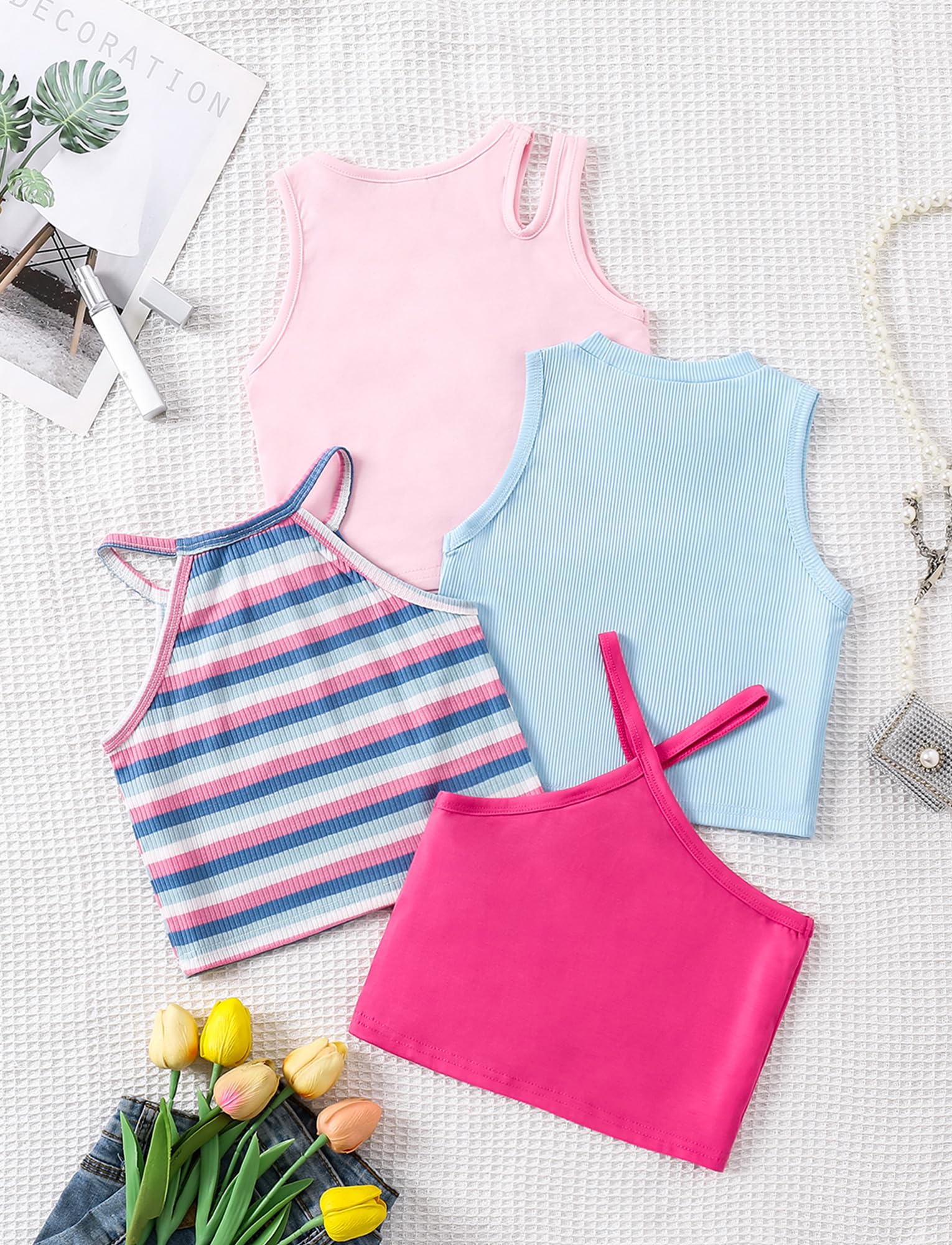 SEAUR Fille Débardeur sans Manches Crop Tank Top Été Camisole Lot de 4 pour Petit Enfant - 4 à 7 Ans