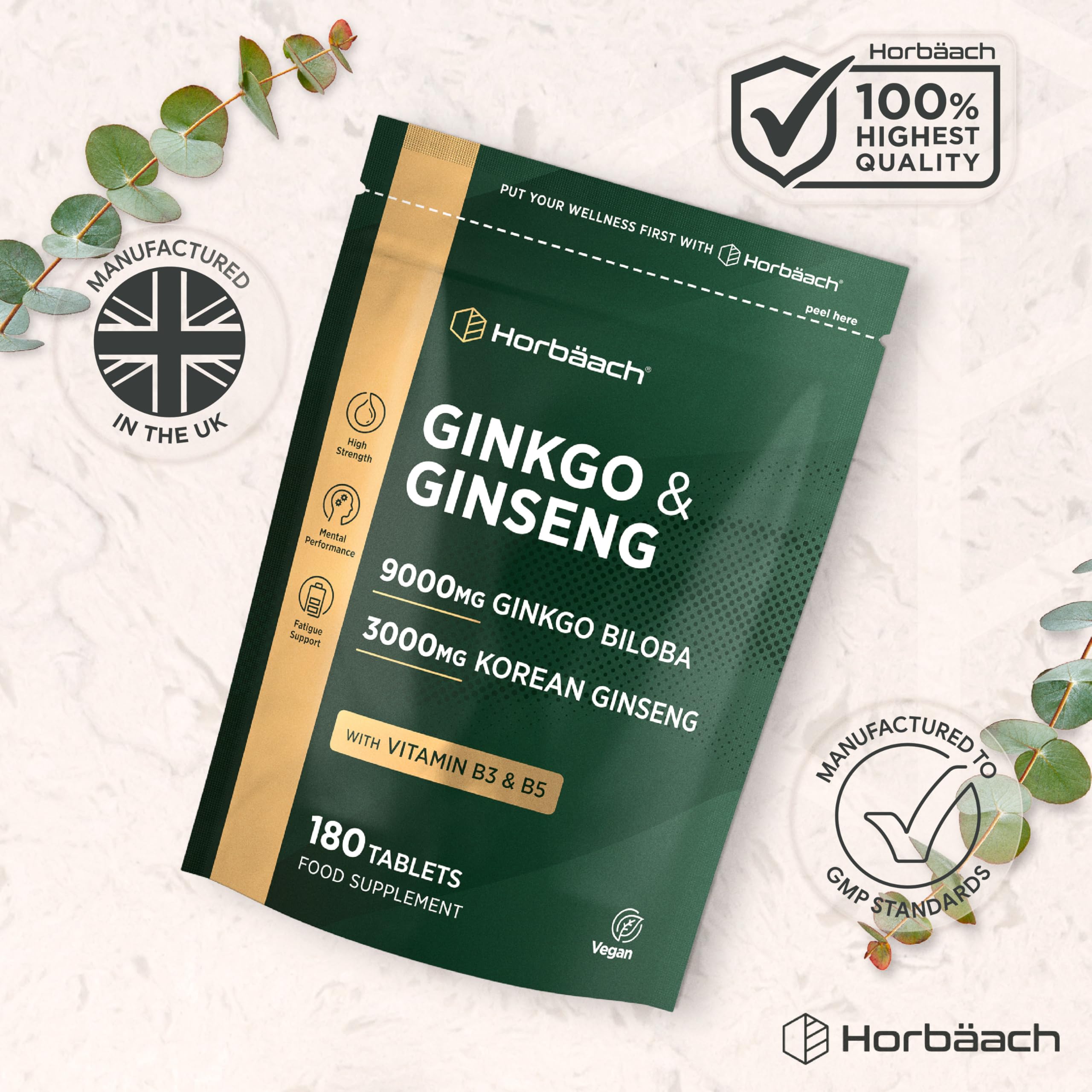 Ginkgo Biloba e Ginseng Integratore | Ginkgo 9000 mg e Radice di Ginseng Coreano 3000 mg | 180 compresse vegane | di Horbaach