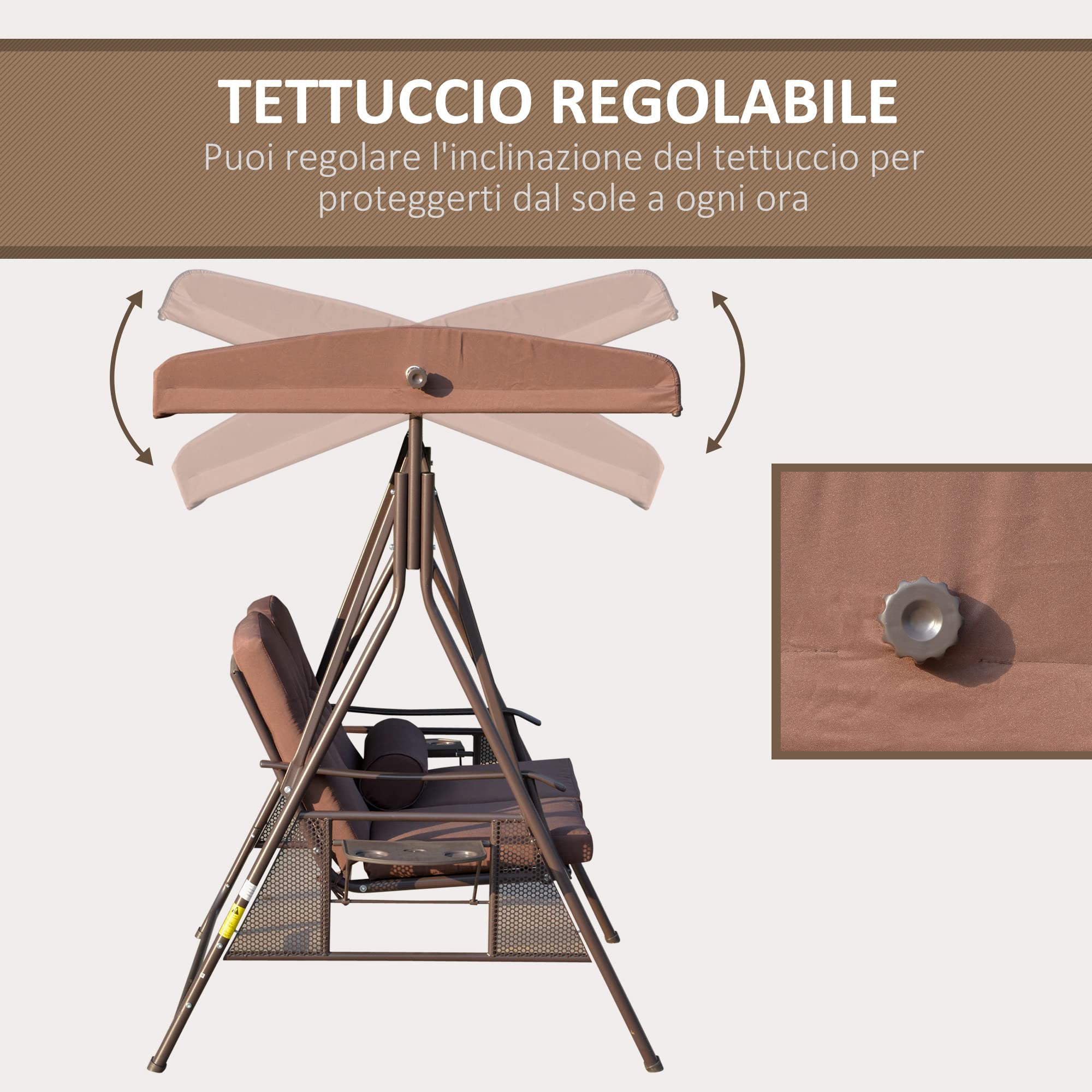Outsunny Dondolo da Giardino 2 Posti con Tettuccio Regolabile e Vassoio Porta Bicchieri, in Acciaio e Poliestere, 157x118x180cm, Marrone