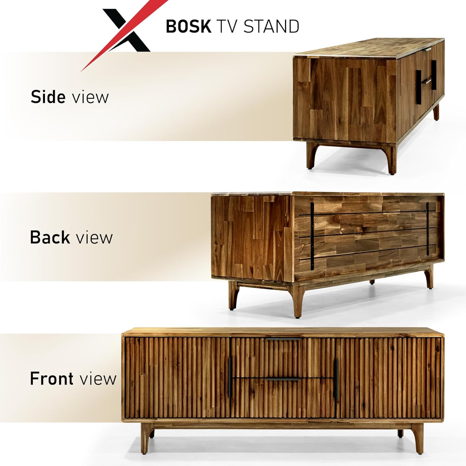 54" Bosk Fluted Acacia Wood TV Stand for TVs up to 60"–Mid-Century Modern Media Console with Storage, Soft-Close Drawers & Doors TV Stands for Living Room, Bedroom, 250 lbs Capacity, Walnut