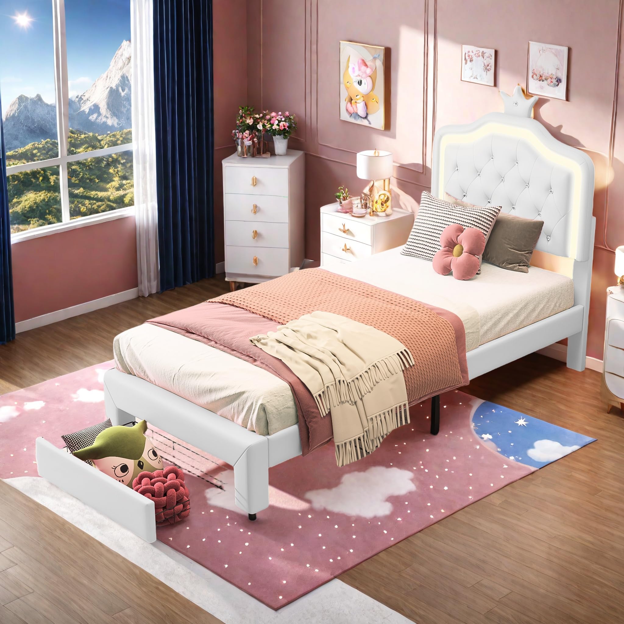 Cama Infantil 90x200 cm, Cama de Princesa con cabecero LED Corona, Camas Individuales Acolchadas con Somier de Láminas, Estructura de Cama para Niña con cajón, Camas de 1 Plaza para Niña