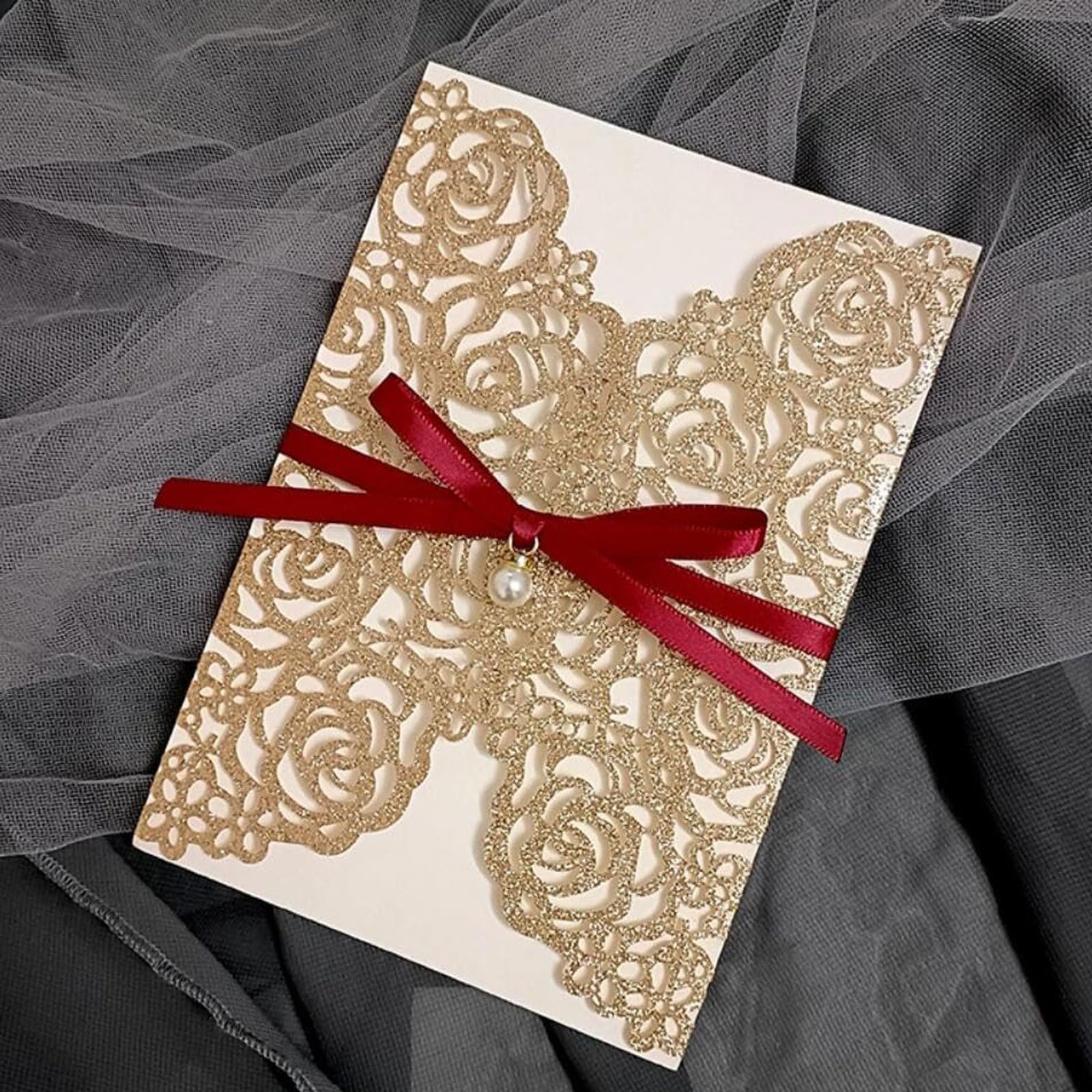 esmen 50 Sets 5 x 7 Cartes d'invitations de Mariage à Fleurs de Rose au Laser, Champange Gold Invitaciones avec Bowknot et enveloppes Invitation pour l'invitation de Mariage