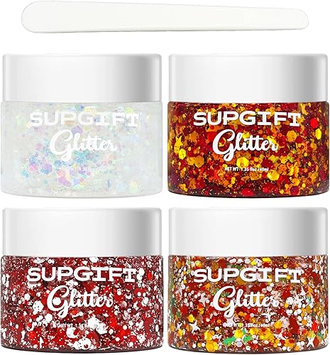 Gel con purpurina para el cuerpo navideño, 4 colores, 8.5 onzas, holográfico, grueso, sirena, iridiscente, láser, estrella, flor y hojas,