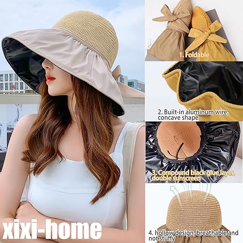 Miniatura 5 de Sombrero de sol para mujer, sombrero de paja con protector solar de playa, sombrero plegable de borde ancho, banda resistente al viento y manga de