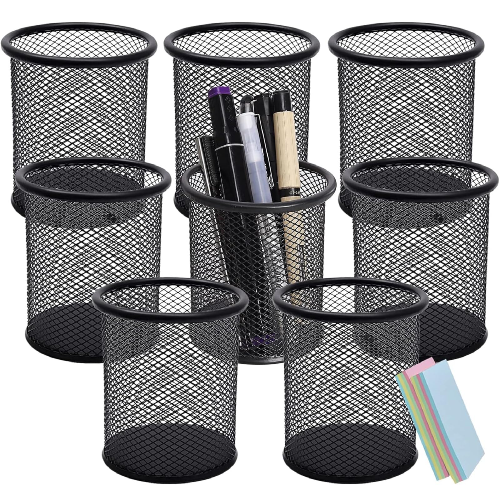 Pot à Crayons Rond En Métal Noir 8x10cm - Porte-Stylos Bureau Avec 3 Blocs Autocollants & 4 Clips