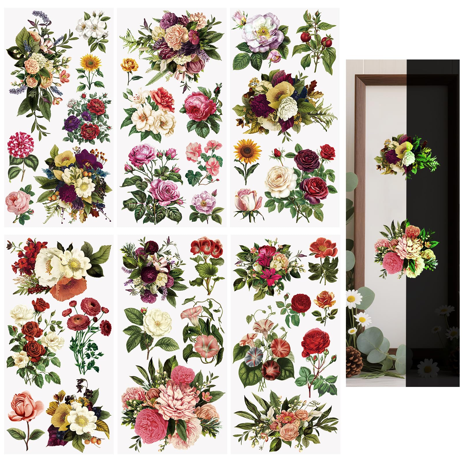WANDIC 6PCS Rub On Transfer Stickers,Gorgeous Flowers Transfer Decals Waterproof sticker for Furniture and Scrapbooking,15 * 30cm