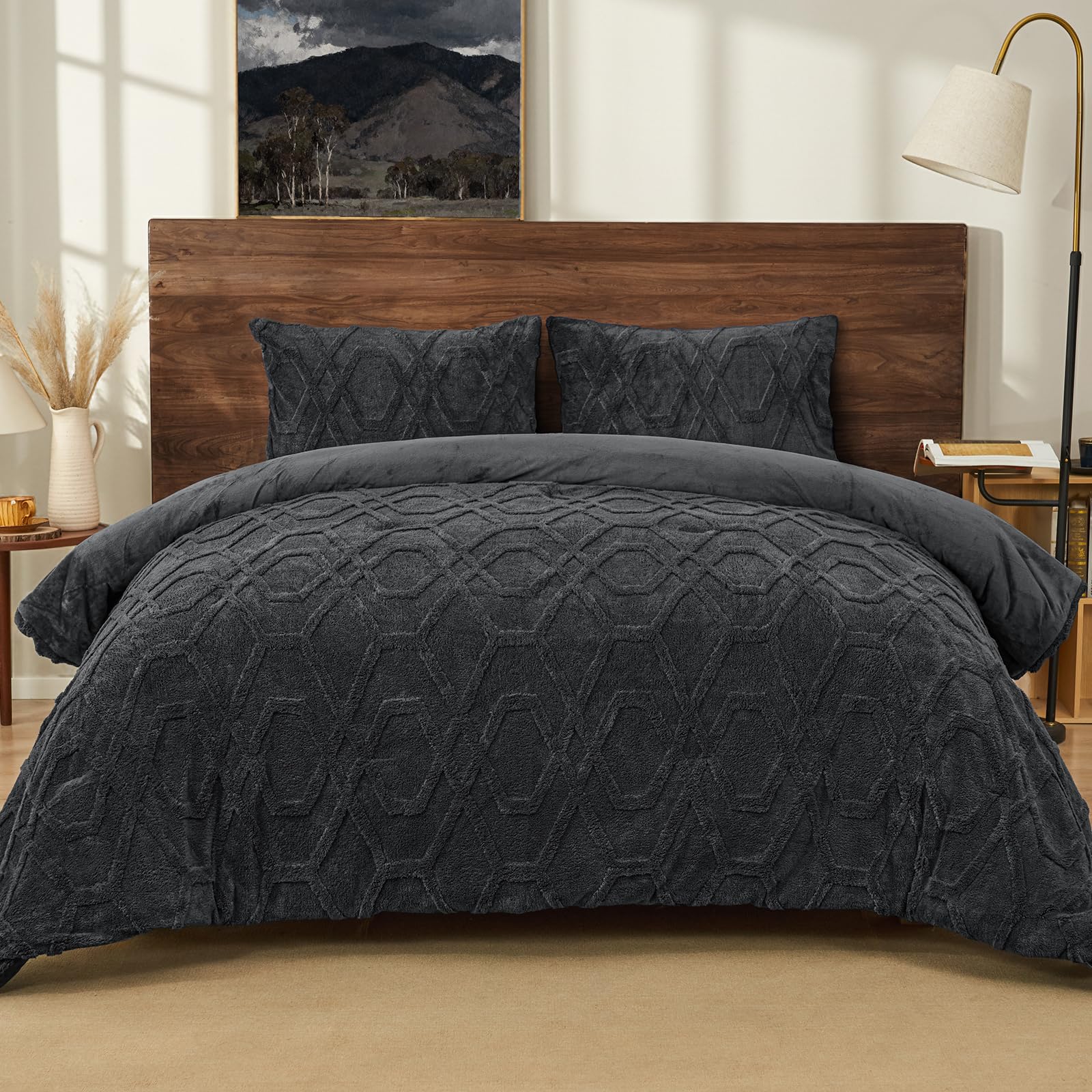 phf warm sherpa fleece queen comforter set, 3d tufted fluffy dark grey bedding for winter, soft 3 pieces shaggy bed set, 1 comforter (90"x90") and 2 pillowcases (20"x26")