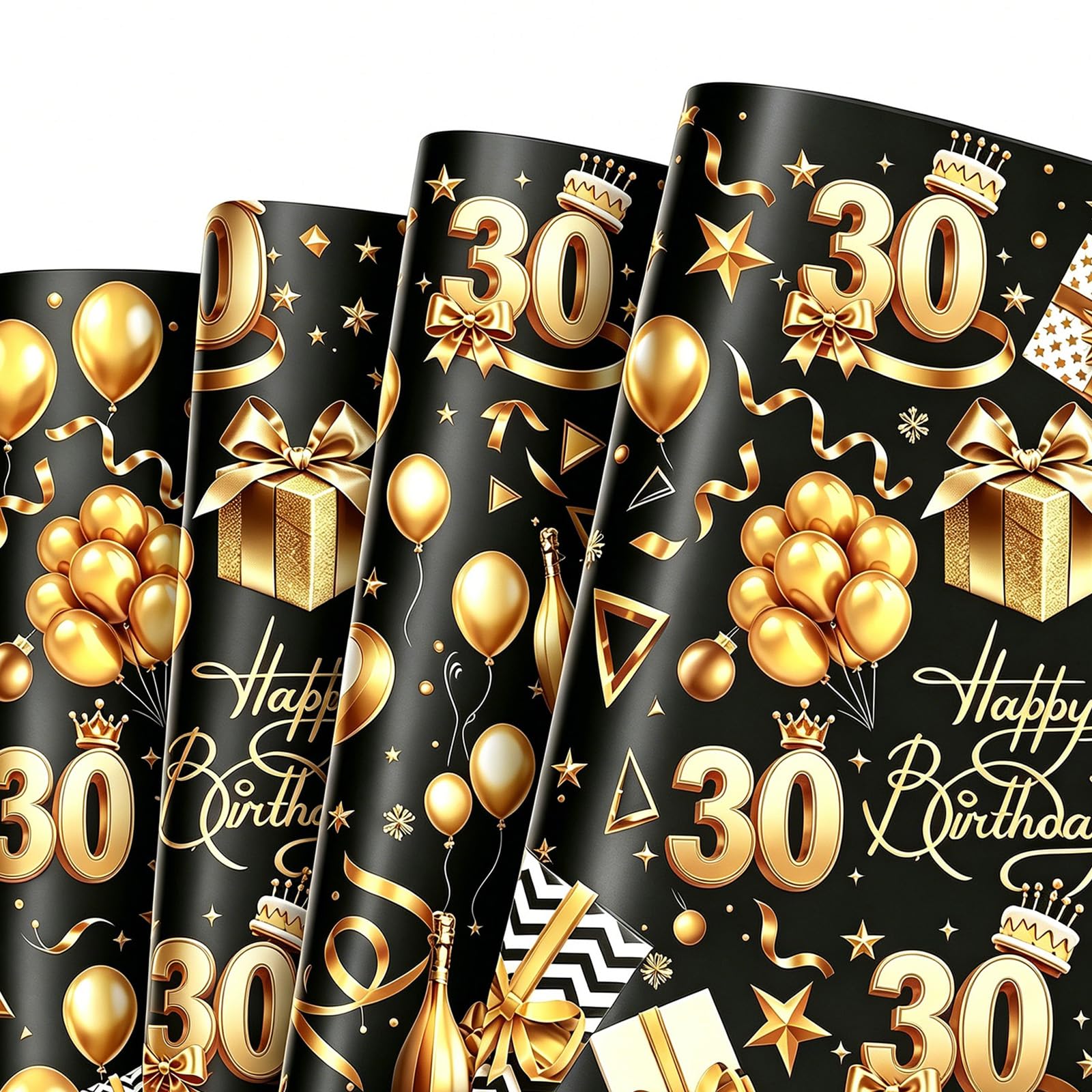 5 Sheet 30th Birthday Wrapping Paper, 70x50cm Black Gold Gift Wrap with 5M Ribbon for Gift Pack, Eco Gift Wrapping Paper Sheet for Man Women Girls Boys Birthday Present Decoration