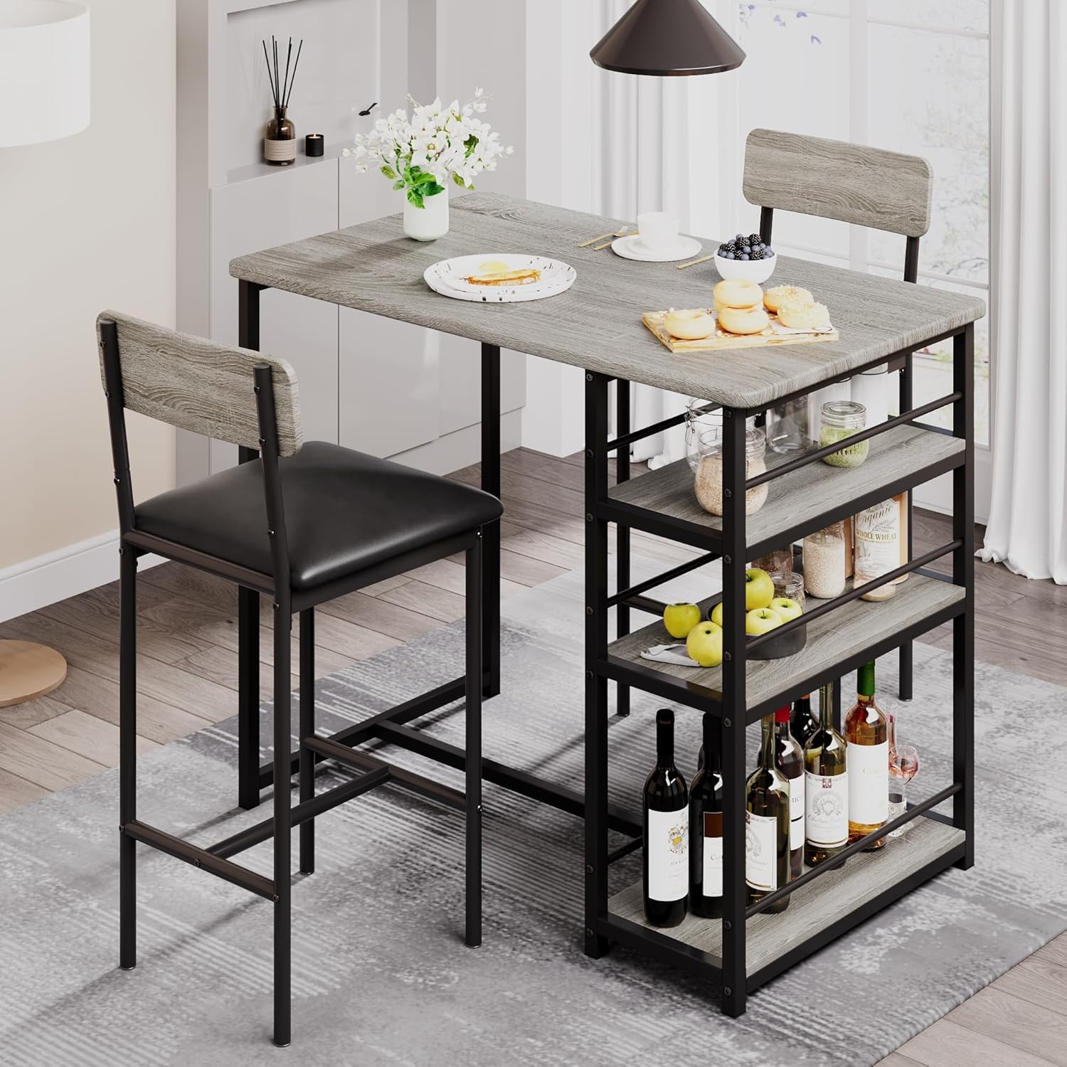 Bar Table and Chair Set with Three Shelves Small 2-Person Dining Table with 2 Upholstered Stools with Backrests Suitable for Restaurants and Bistros -Vintage Color