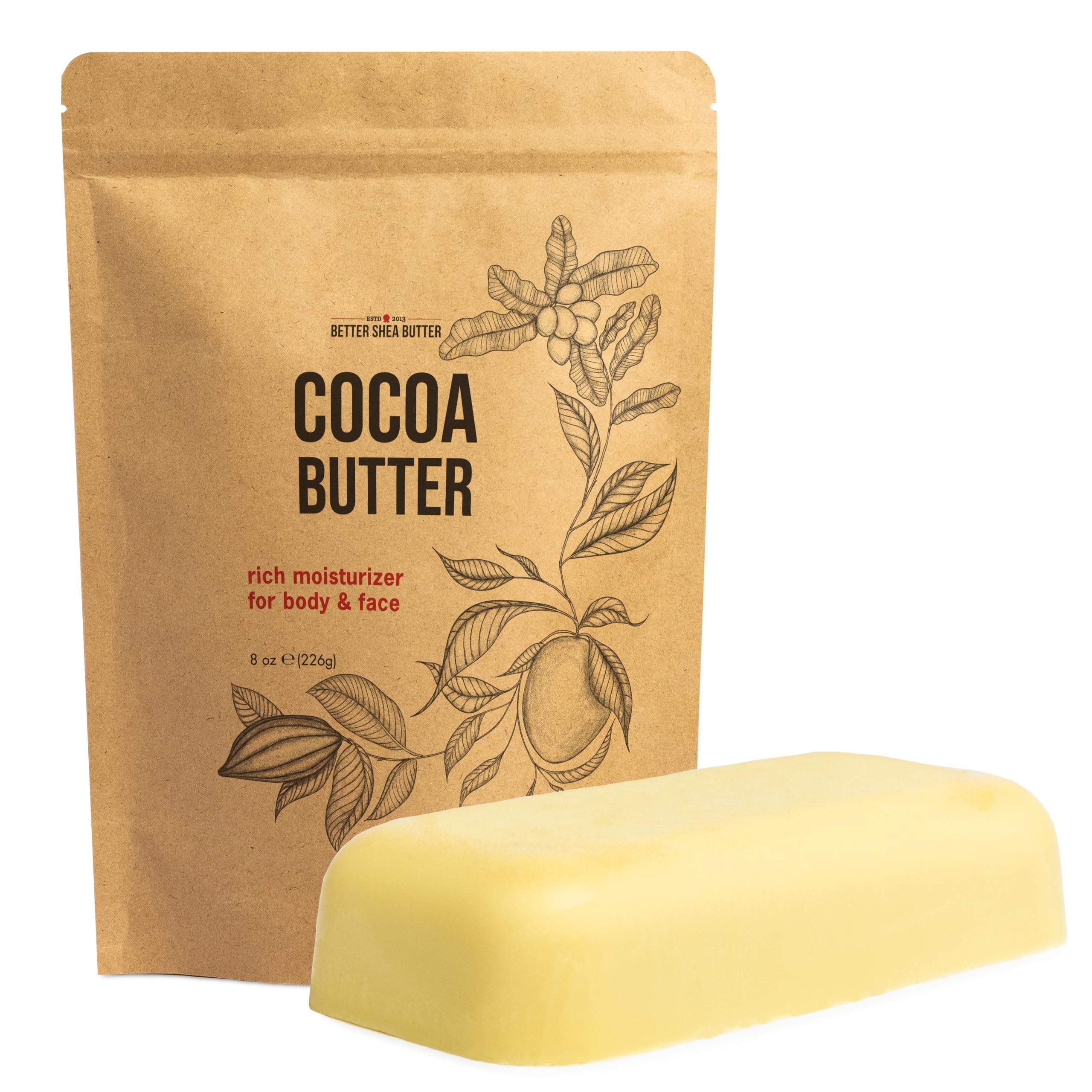 Better Shea Butter Cocoa Butter - 8 oz Block, Deeply Moisturizes Skin, Diminishes Scars, Stretch Marks, Soothes Dry Skin | Rich moisturizer for dry skin, face and body with natural chocolate aroma. Ideal for DIY body butter, lip balm and soap. Bar 8 Ounce (Pack of 1)