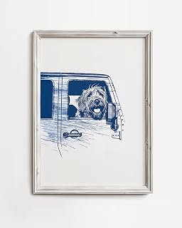 Happy Truck Dogs Doode Ridg Shotgun Fun Adenture Cruisg Art Perfect Summertime Home Decor for Doode Dog oers Bue Sketch Prt (Unframe, 12x18)