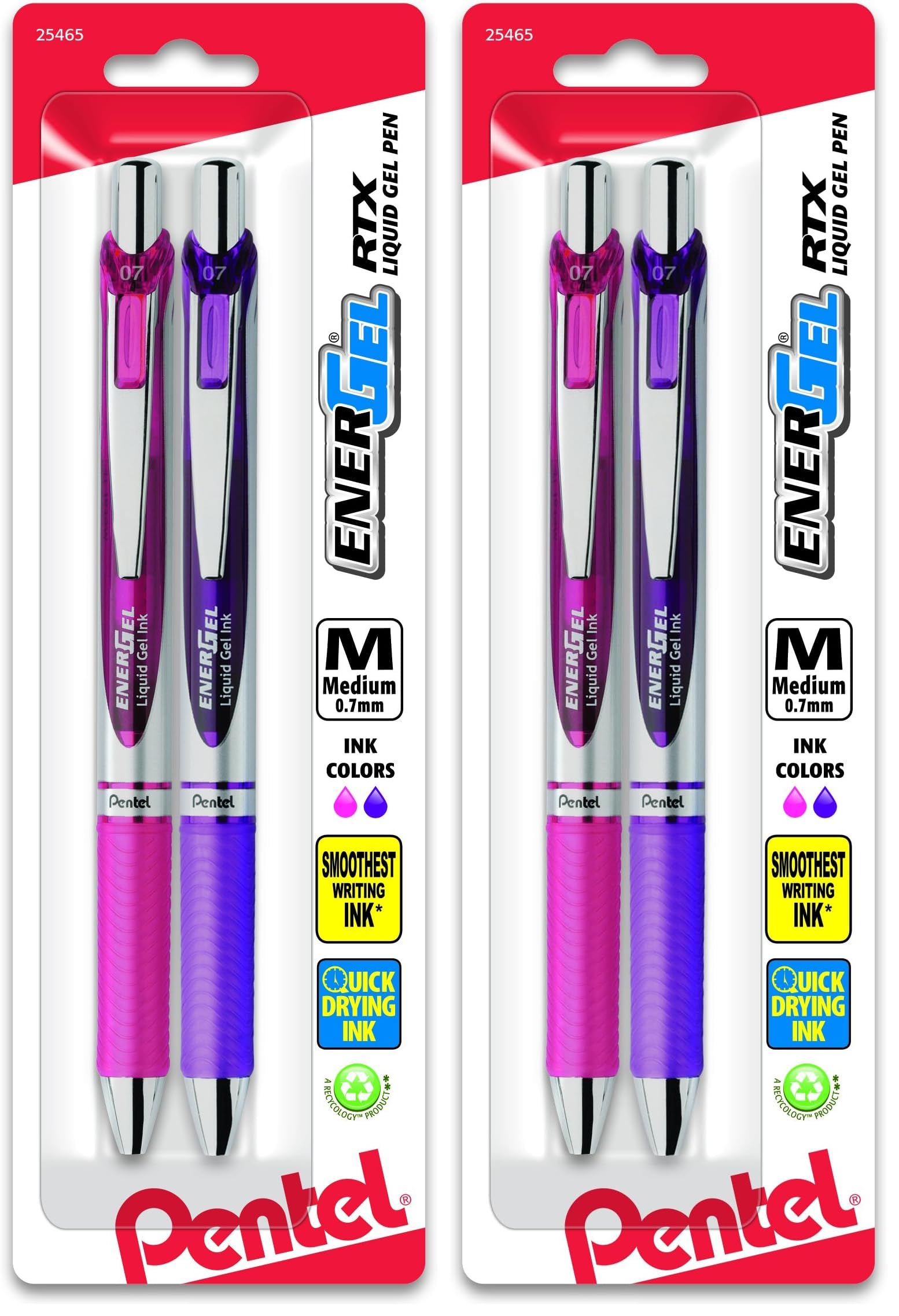 Pentel EnerGel RTX Retractable Gel Pen, Medium Line, Pink/Violet Ink, 2 Count | Smooth Ink Flow Writing Instrument - main product image