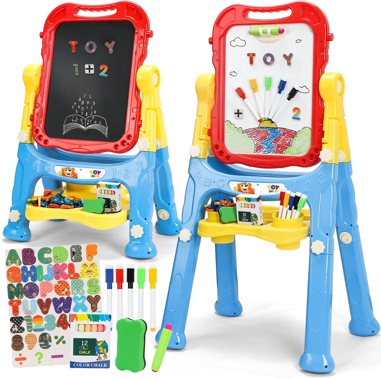 STEAM Life Large Art Easel for Kids, Double-Sided 4In1 Toddler Easel with Rotable Magnetic Chalkboard & White Drawing Board, Height Adjustable with Magnetic Letters & Numbers Gifts for Boys and Girls