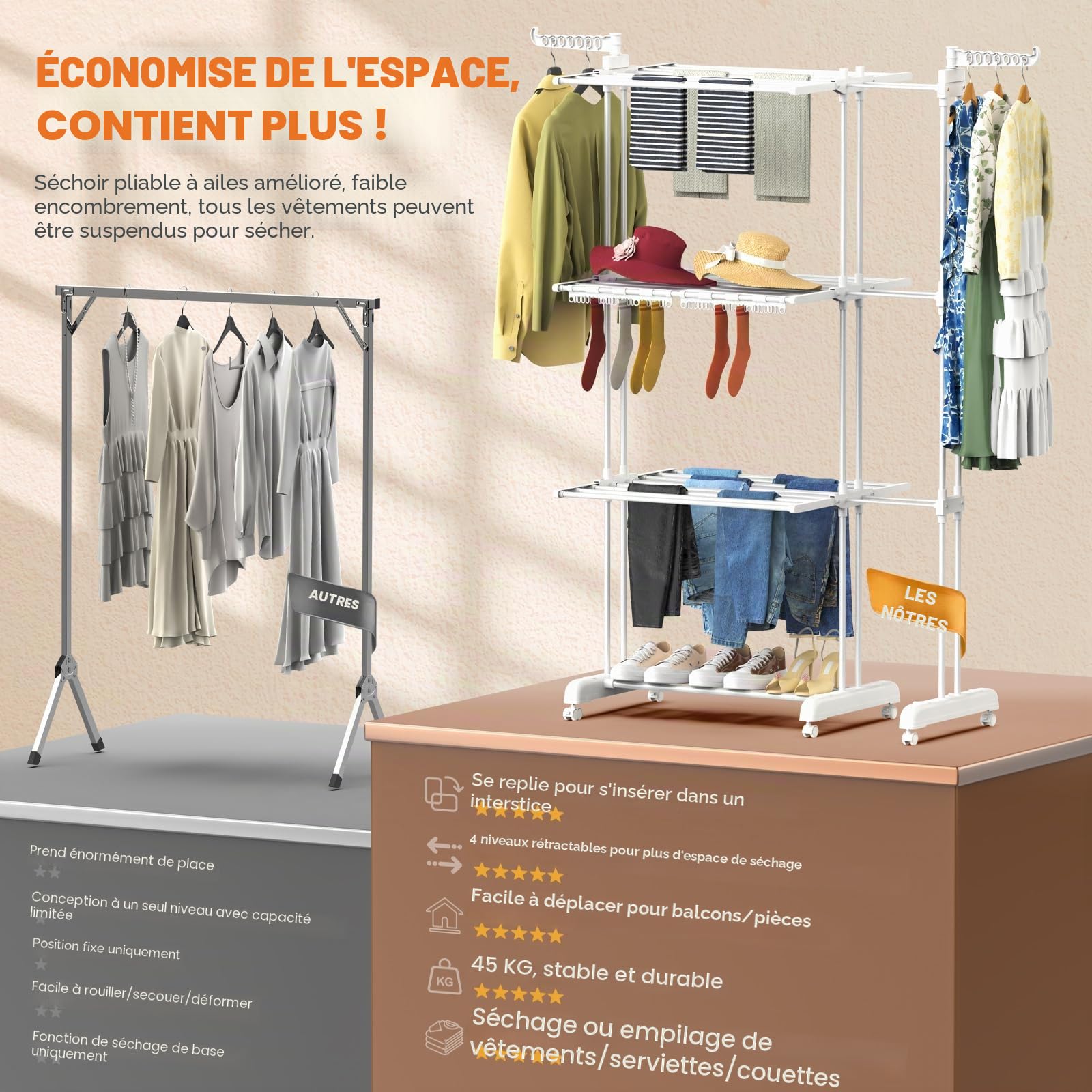 Huracan Turm Séchoir à linge sur pied à 3 niveaux avec porte-chaussettes, étendoir à linge pliable avec roulettes pour l'intérieur et l'extérieur, tour de linge télescopique, porte-linge blanc