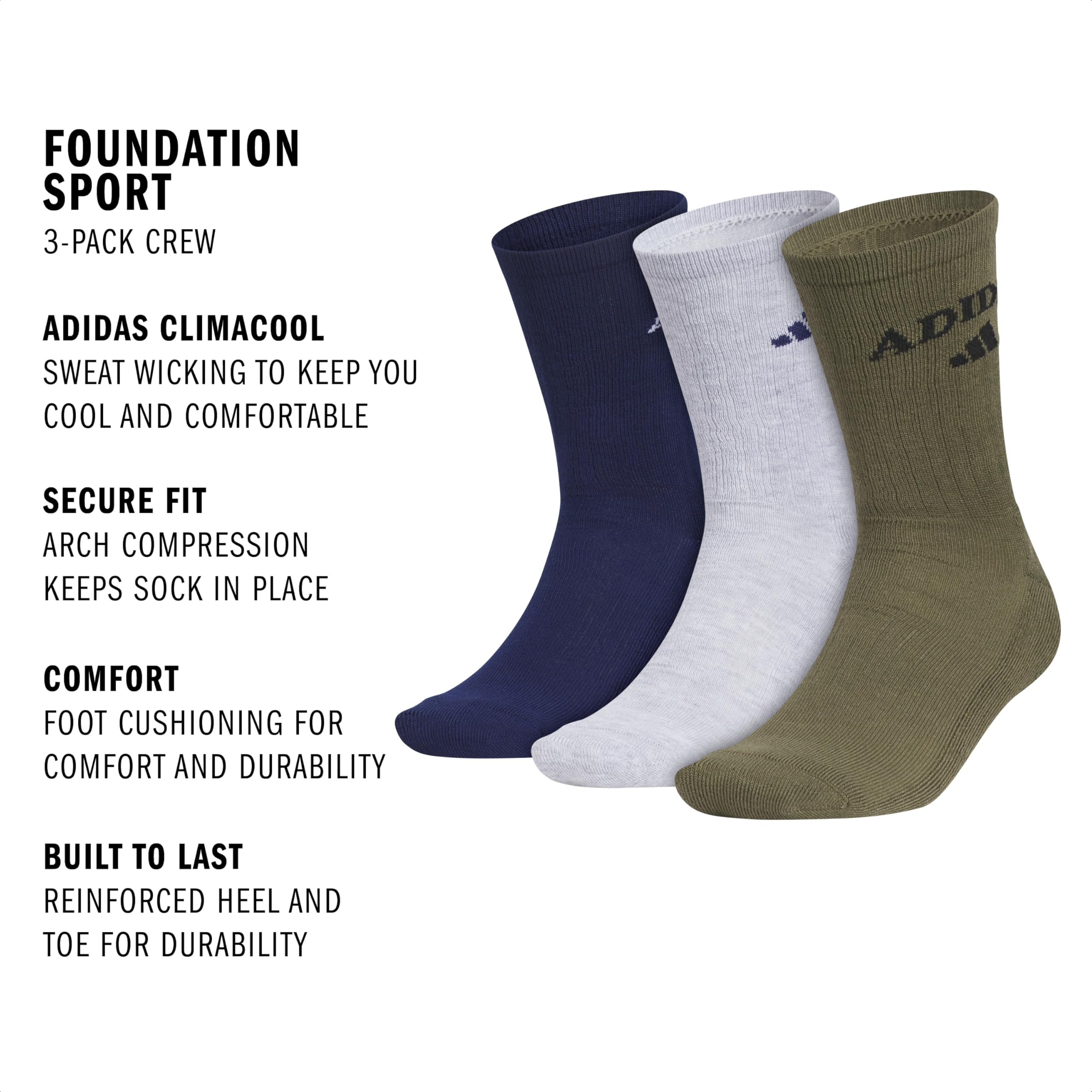 adidas Pack de 3 calcetines deportivos para hombre, color azul oscuro/Cool Light Heather/verde oliva, talla grande (3 unidades)