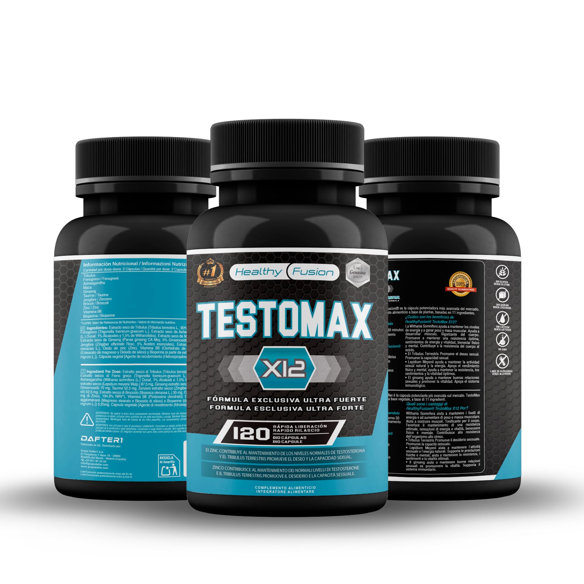 Healthy Fusion TestoMax | Booster de Testosterona Energizante | Maca, Ginseng, Tribulus, Taurina y Vitaminas | Aumenta la masa muscular | Acción quemagrasas y vigorizante | 120u