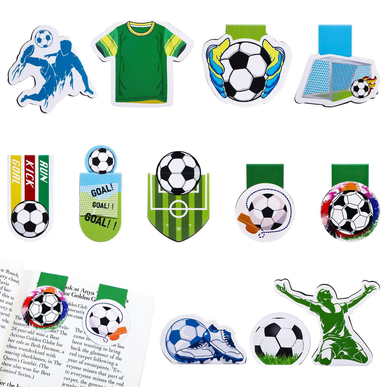 Vyuwast 12 marcapáginas magnéticos de fútbol, marcapáginas magnéticos para niños, marcapáginas magnéticos, regalos para niños, niñas, escuela, amantes de los libros, aficionados al fútbol, comienzo