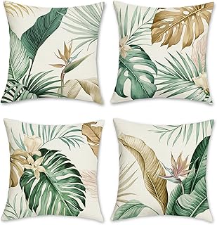 Bonhause 4er Set Kissenbezüge Tropische Blätter 45 x 45 cm Grün Braun Blätter Polyester Leinen Dekorative Kissenhülle Zierkissenbezüge für Sofa Garten Outdoor Dekoration