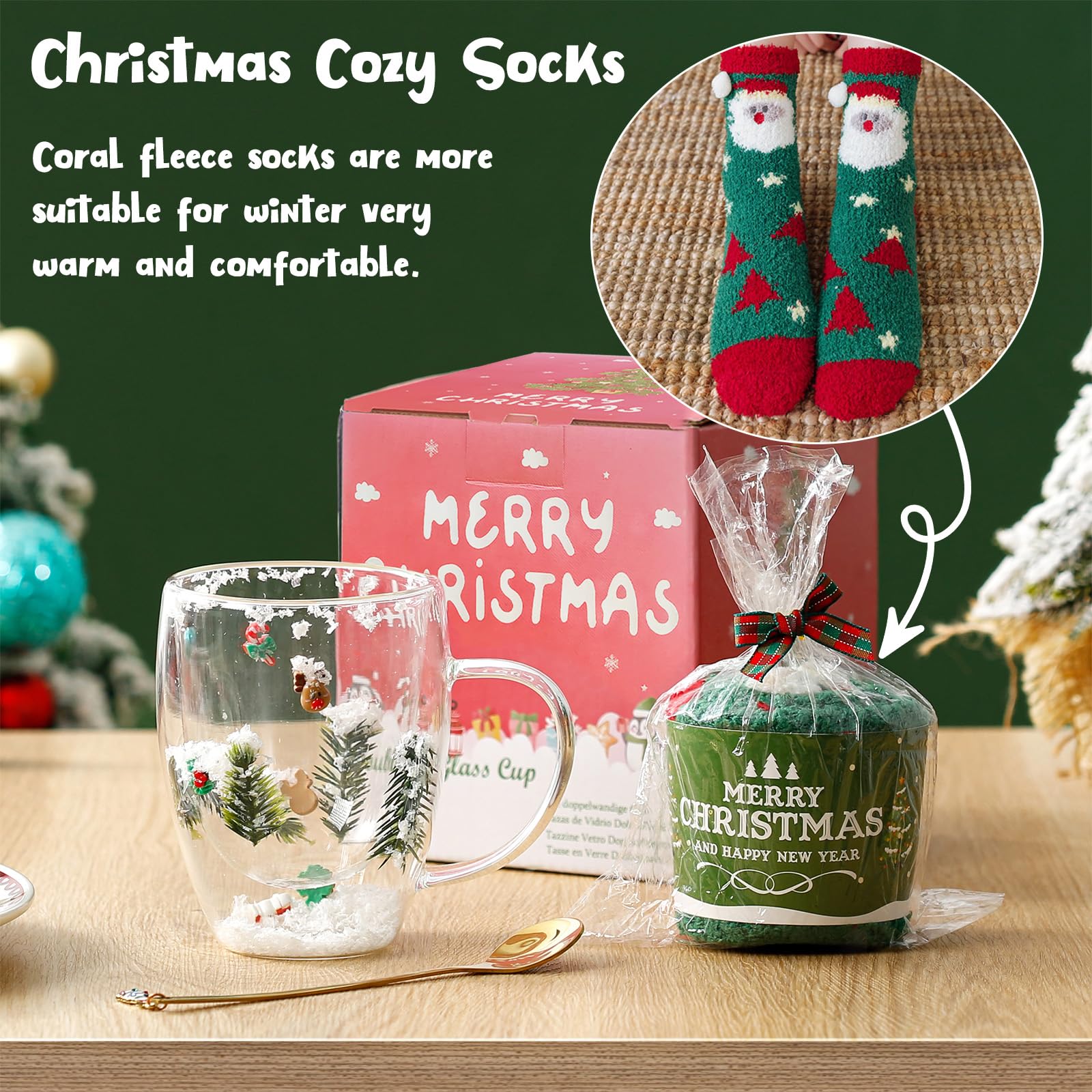 Binoster Christmas Gifts for Women Men Cute Snowflakes Glass Espresso Cups with Handle Xmas Socks Funny Double Walled Coffee Mugs Christmas Decorations Gifts for Mom Friends Kids Grandma - Image 3
