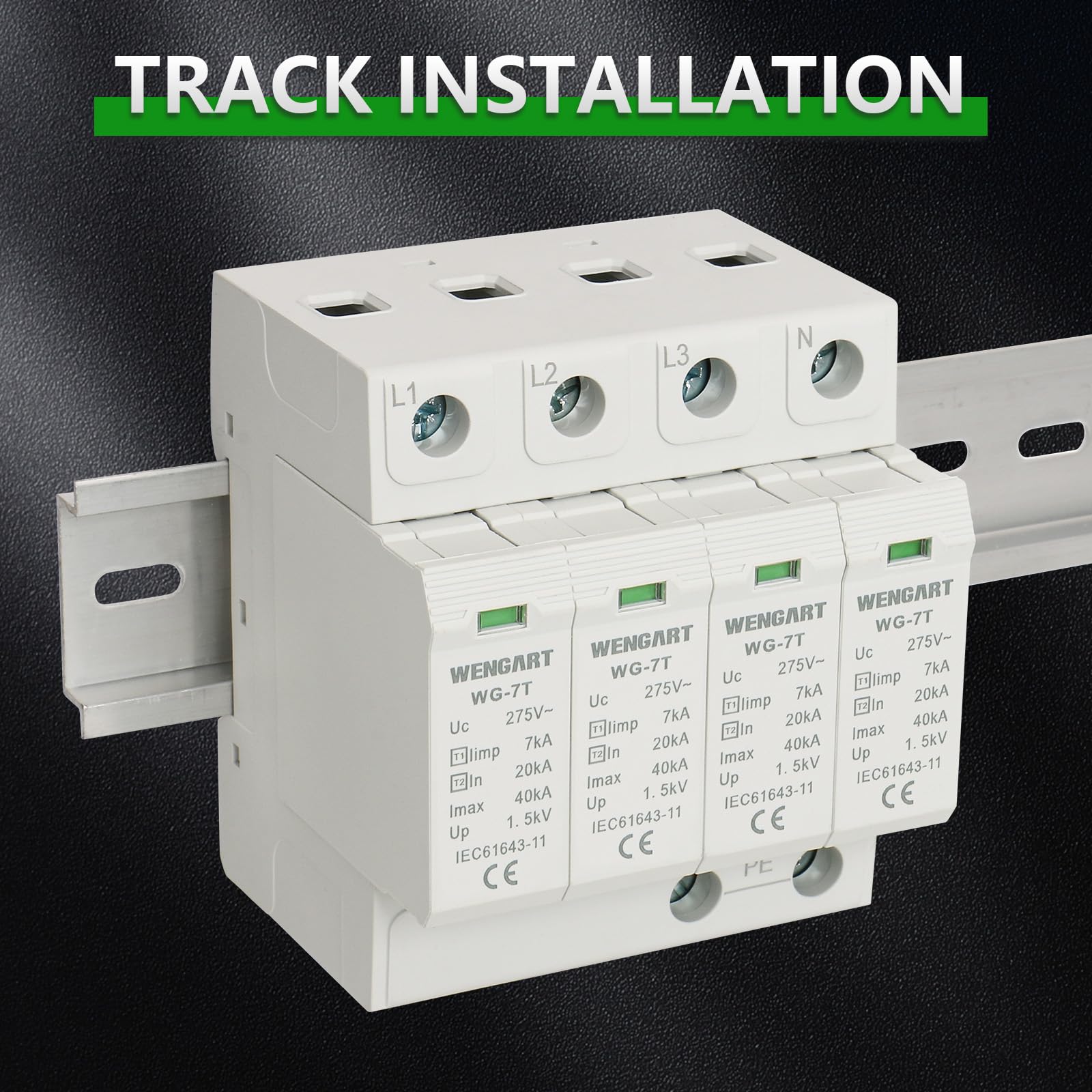 Wengart Dispositivo de protección contra sobretensiones WG-7T,protección de Nivel T1+T2,limp7kA 20-40kA AC275V, Protector contra sobretensiones doméstico Montaje en riel DIN (4P)