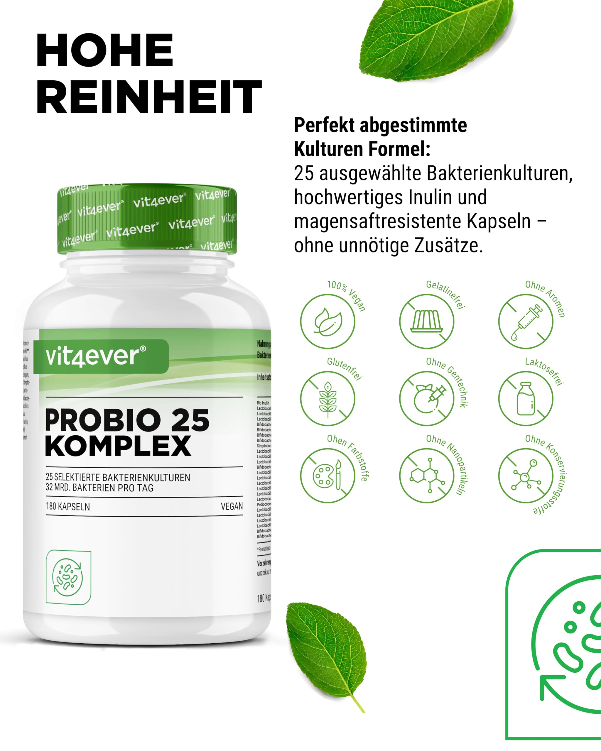 vit4ever Probio 25 Probiotika Komplex - 180 magensagtresistente Kapseln | Mit Inulin, magensaftresistente Kapseln, 3-Monats-Vorrat, vegan, 25 Stämme, 32 Mrd. KBE